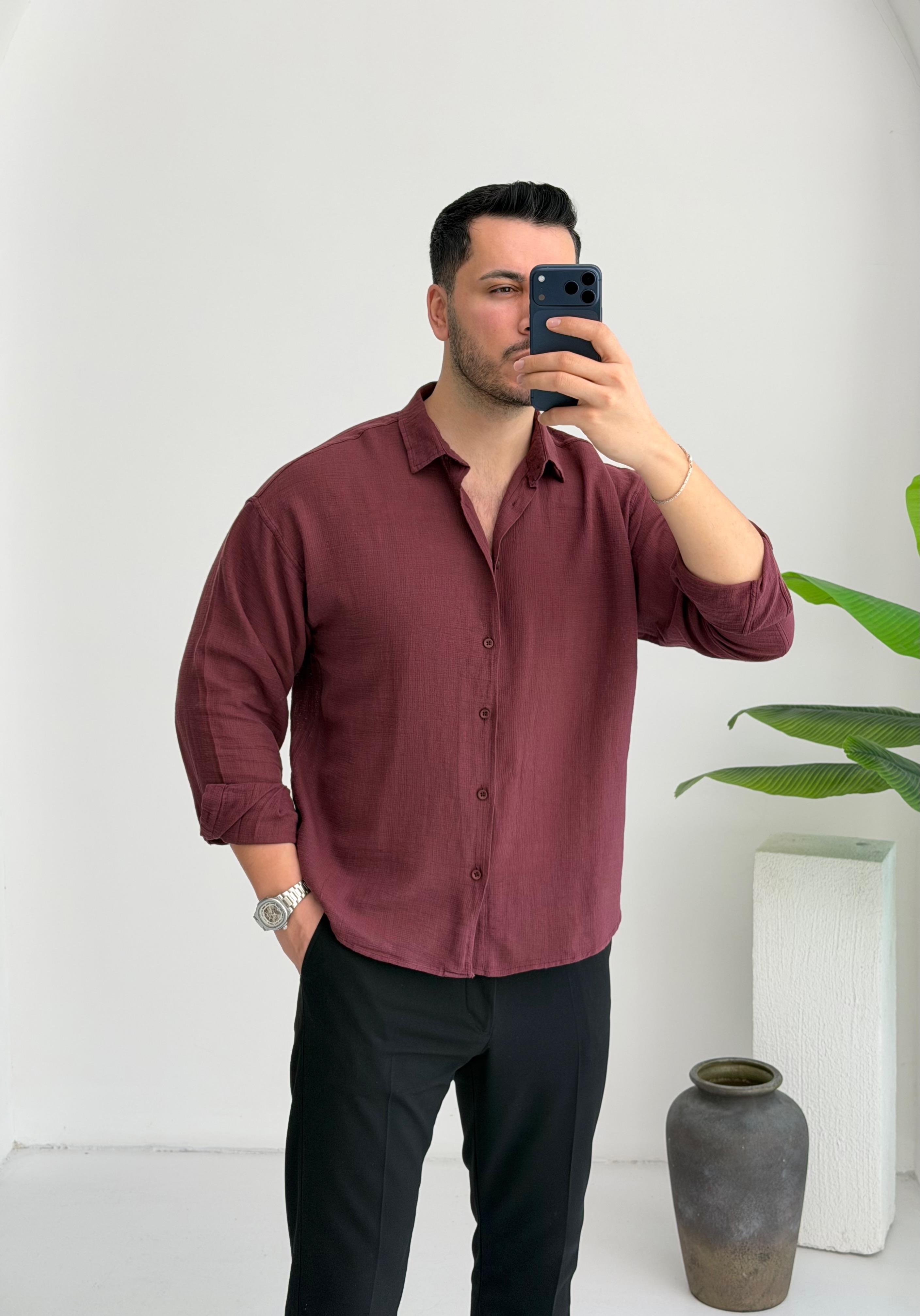 Ham Keten Bordo Oversize Gömlek