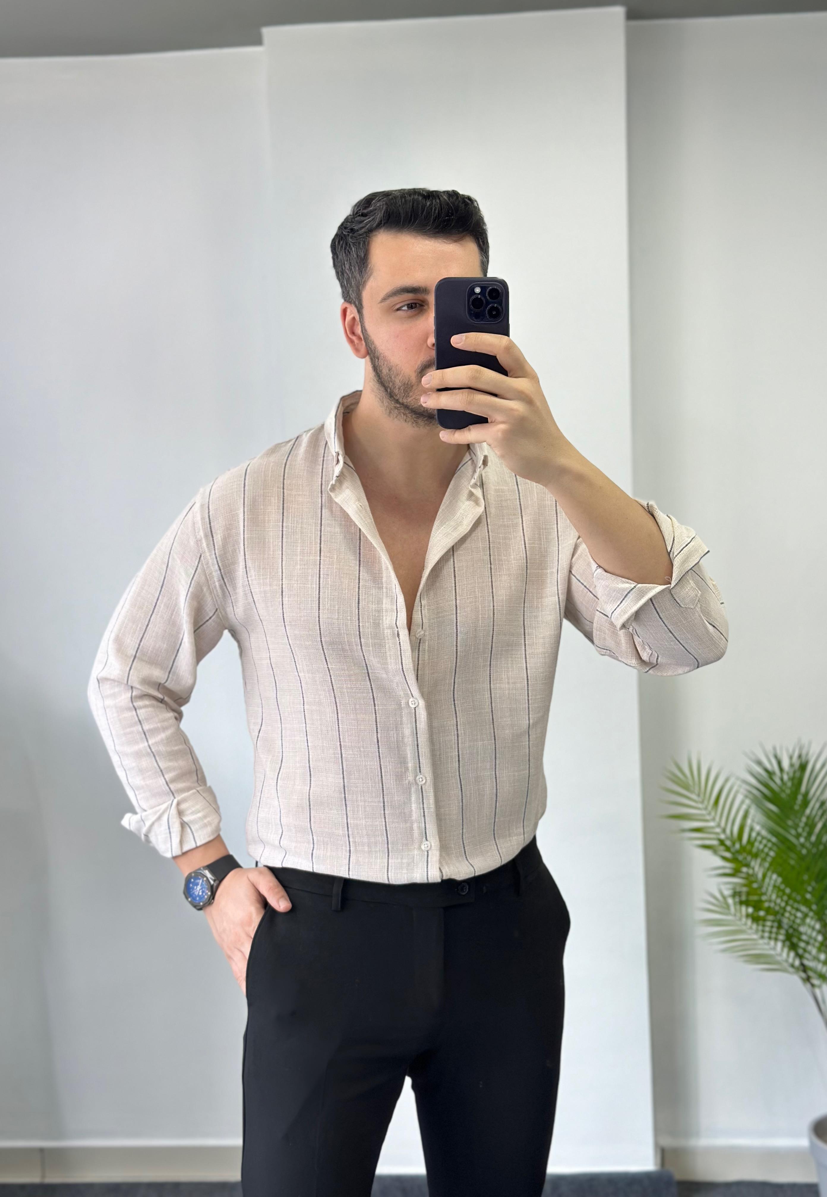 Ham Keten Çizgili Ekru Oversize Keten Gömlek