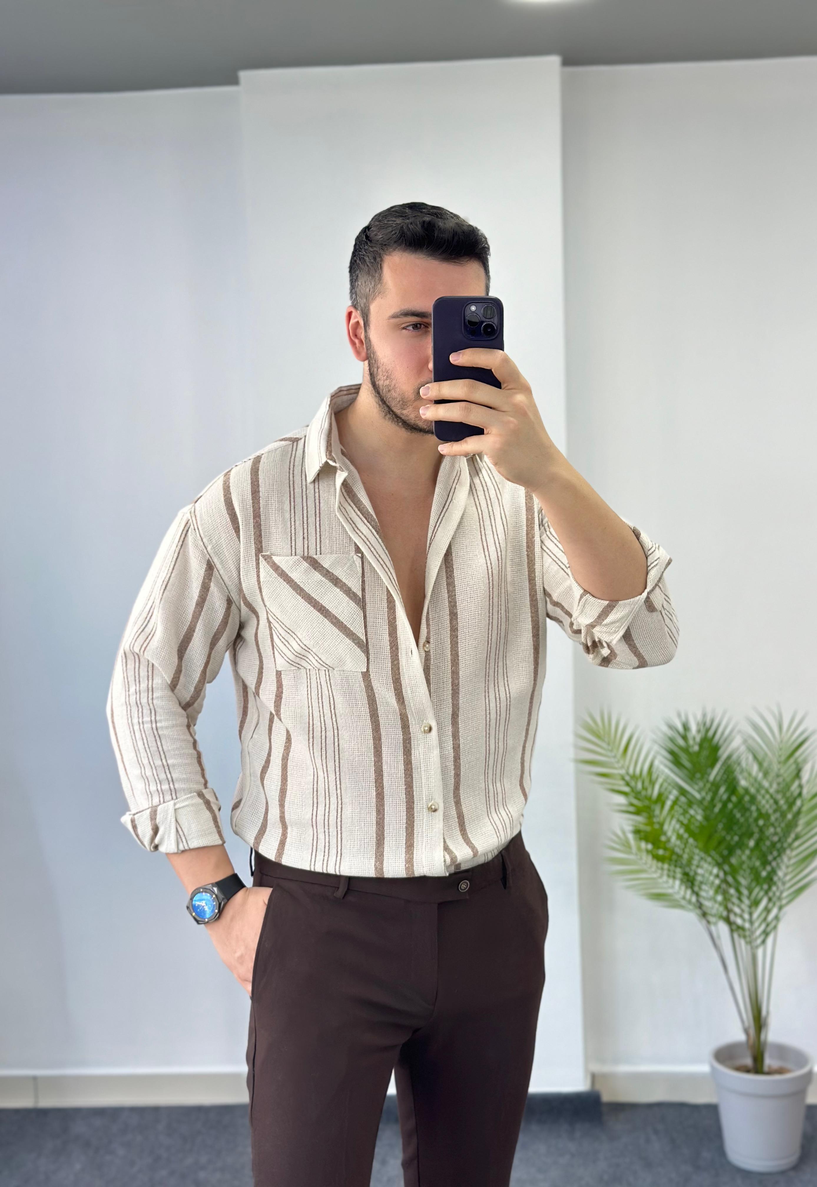 Ham Keten Kahve Çizgili Oversize  Gömlek