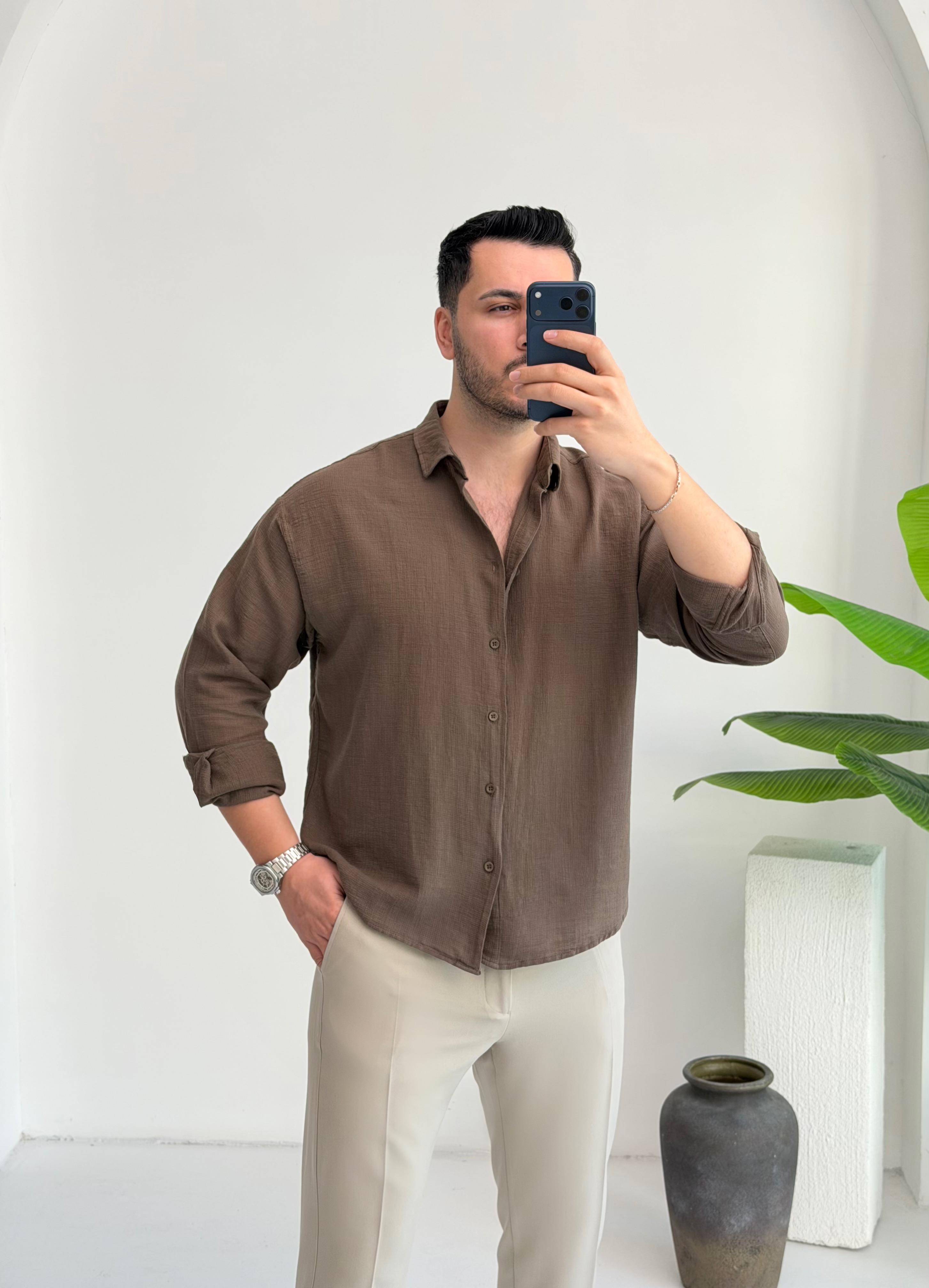Ham Keten Kahve Oversize Gömlek