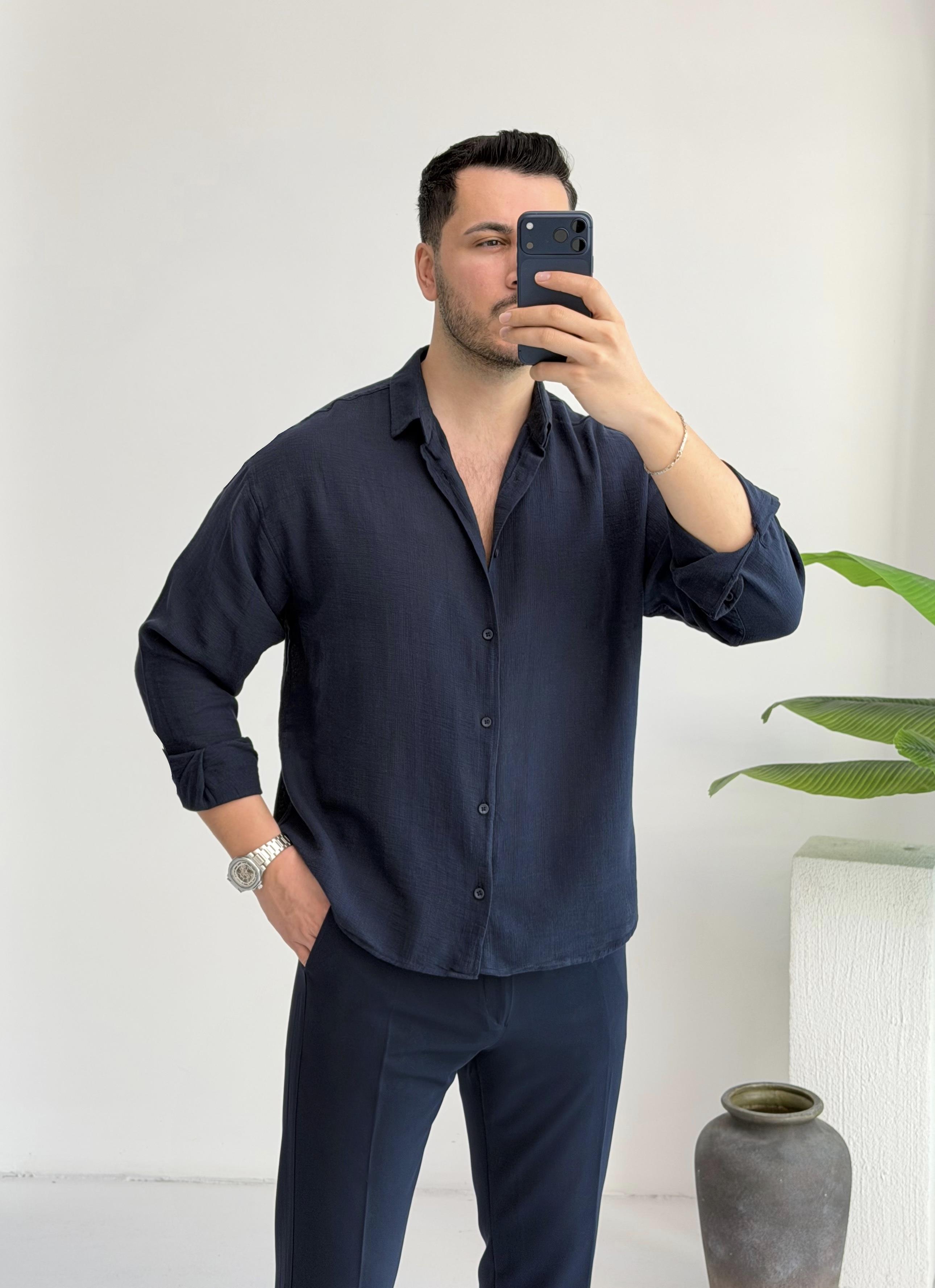Ham Keten Lacivert Oversize Gömlek