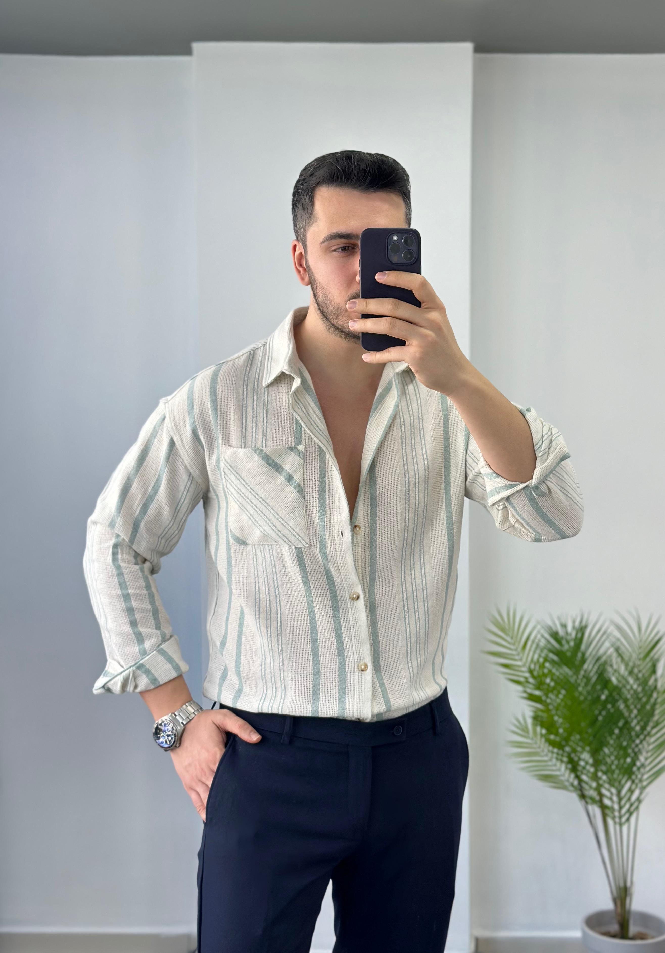 Ham Keten Mint Çizgili Oversize Gömlek