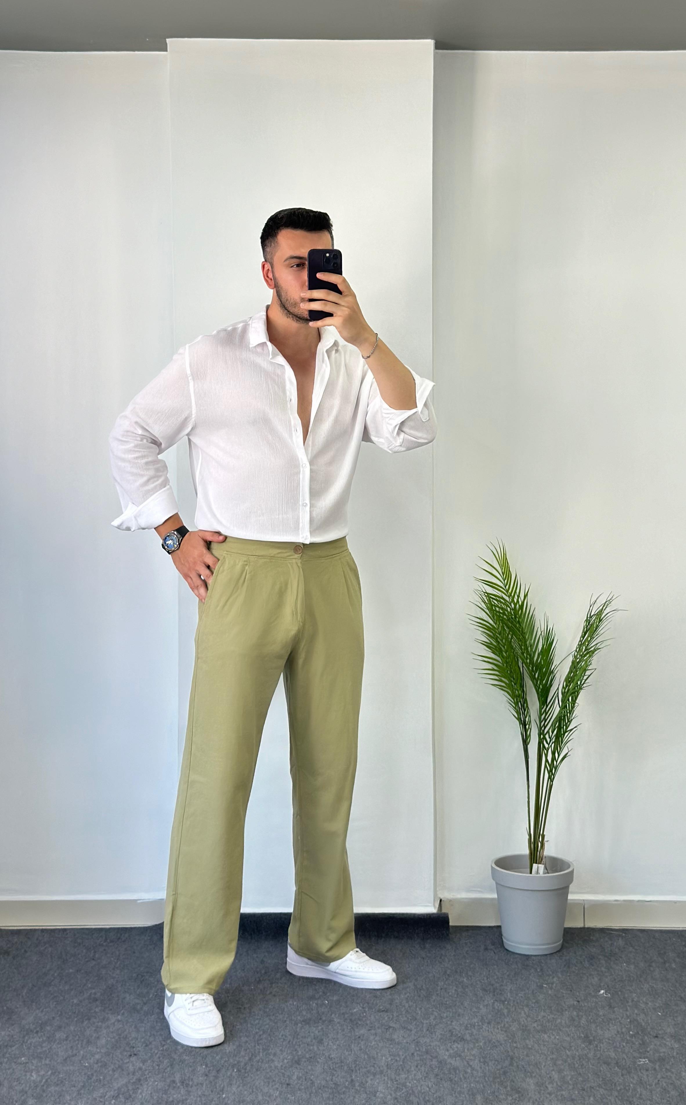 Ham Keten Yeşil Baggy Pantolon 