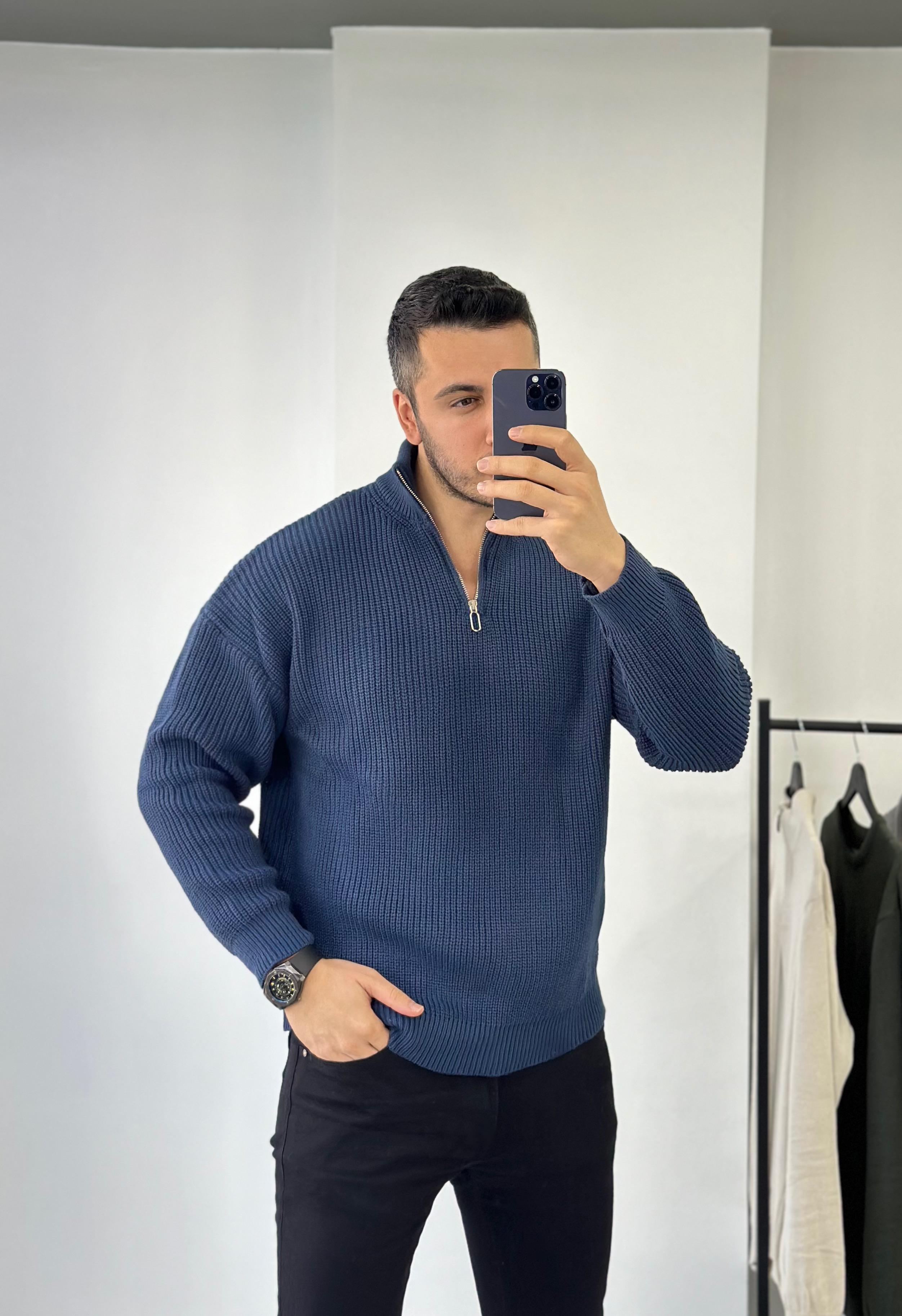 İndigo Fermuarlı Oversize Kazak
