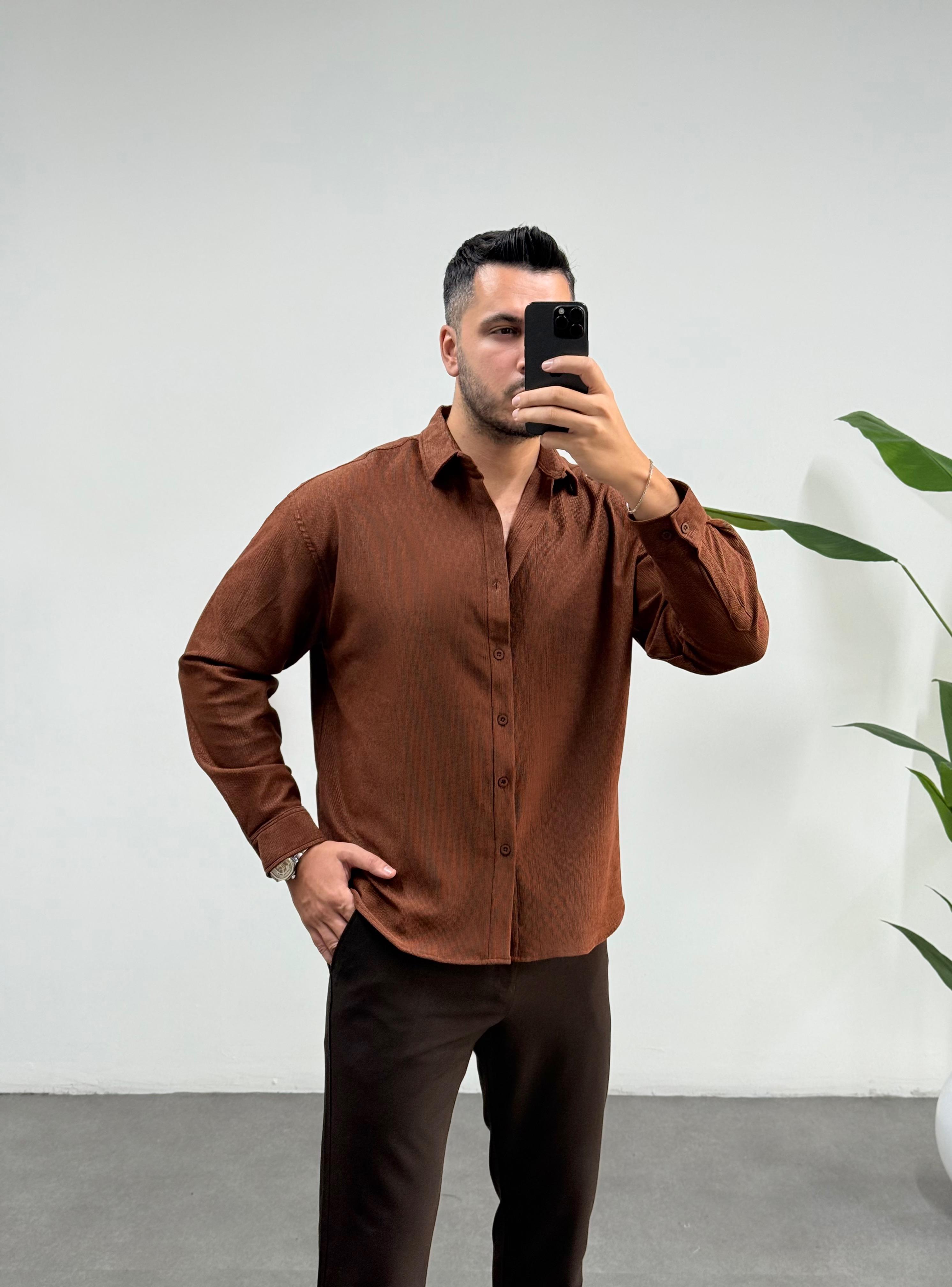 İpek Kadife Kahve Oversize Gömlek 