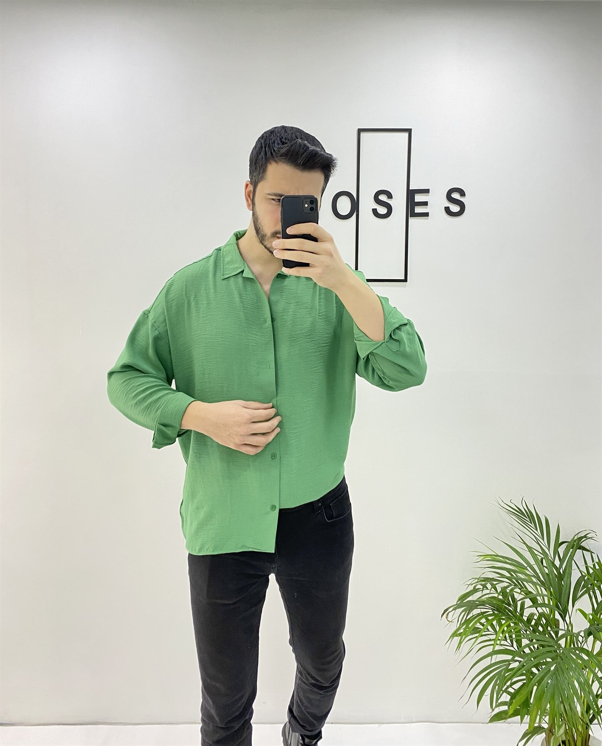 İtalyan Krep Kumaş Yeşil Salaş Gömlek 