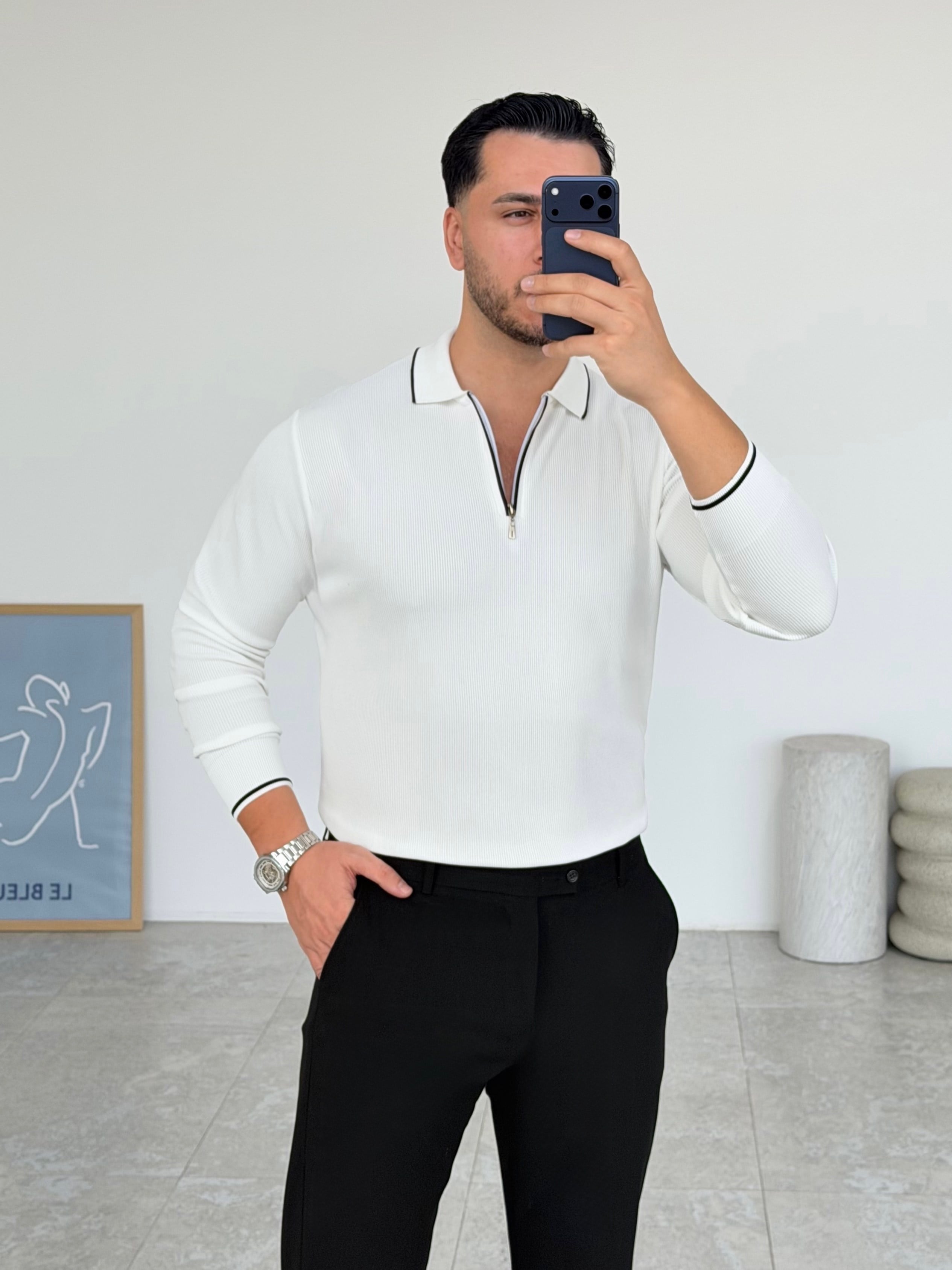 Jesou Yaka Detay Fermuarlı  Beyaz Triko