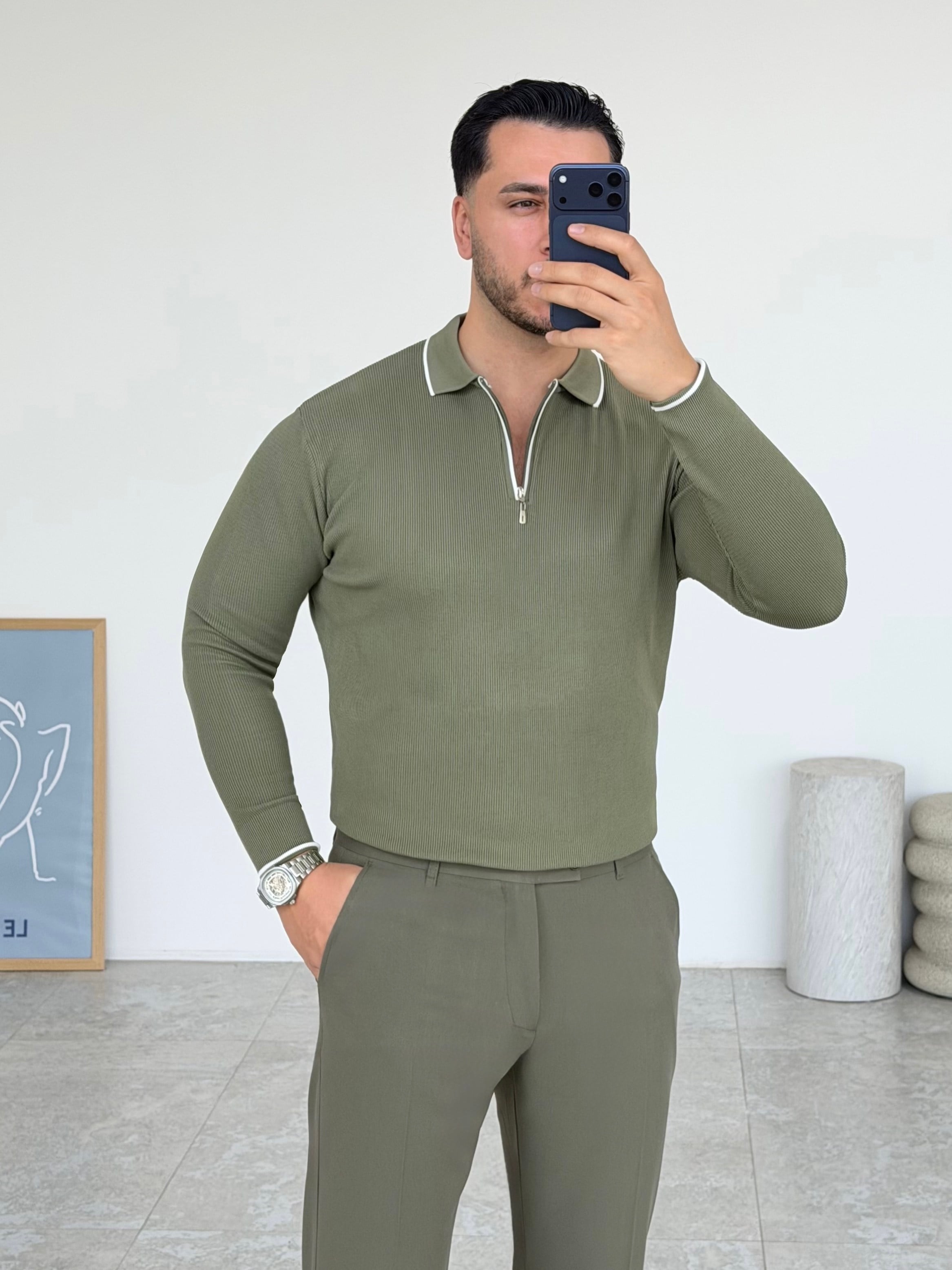 Jesou Yaka Detay Fermuarlı Haki Triko