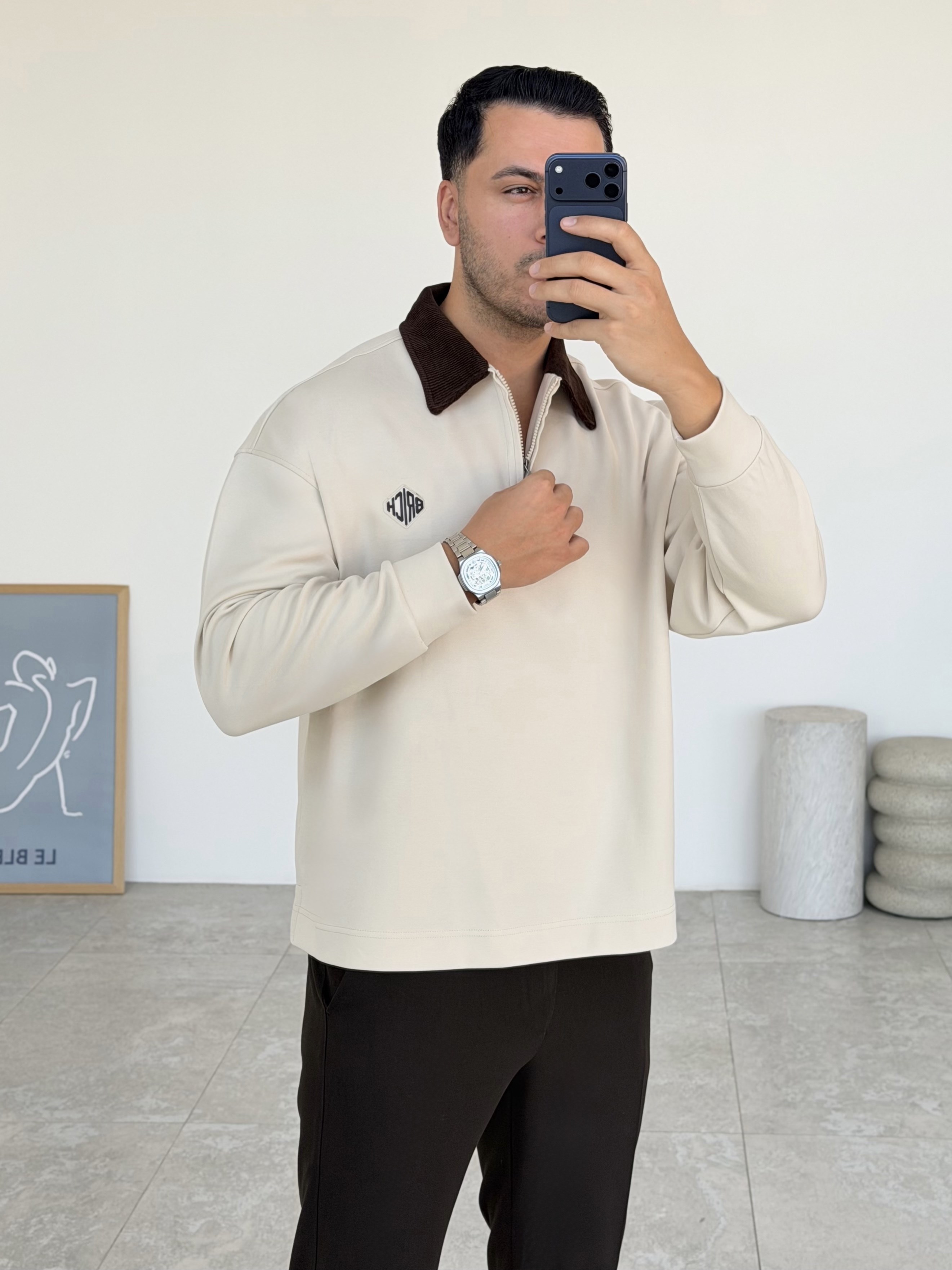 Kadife Yaka Bej Sweat