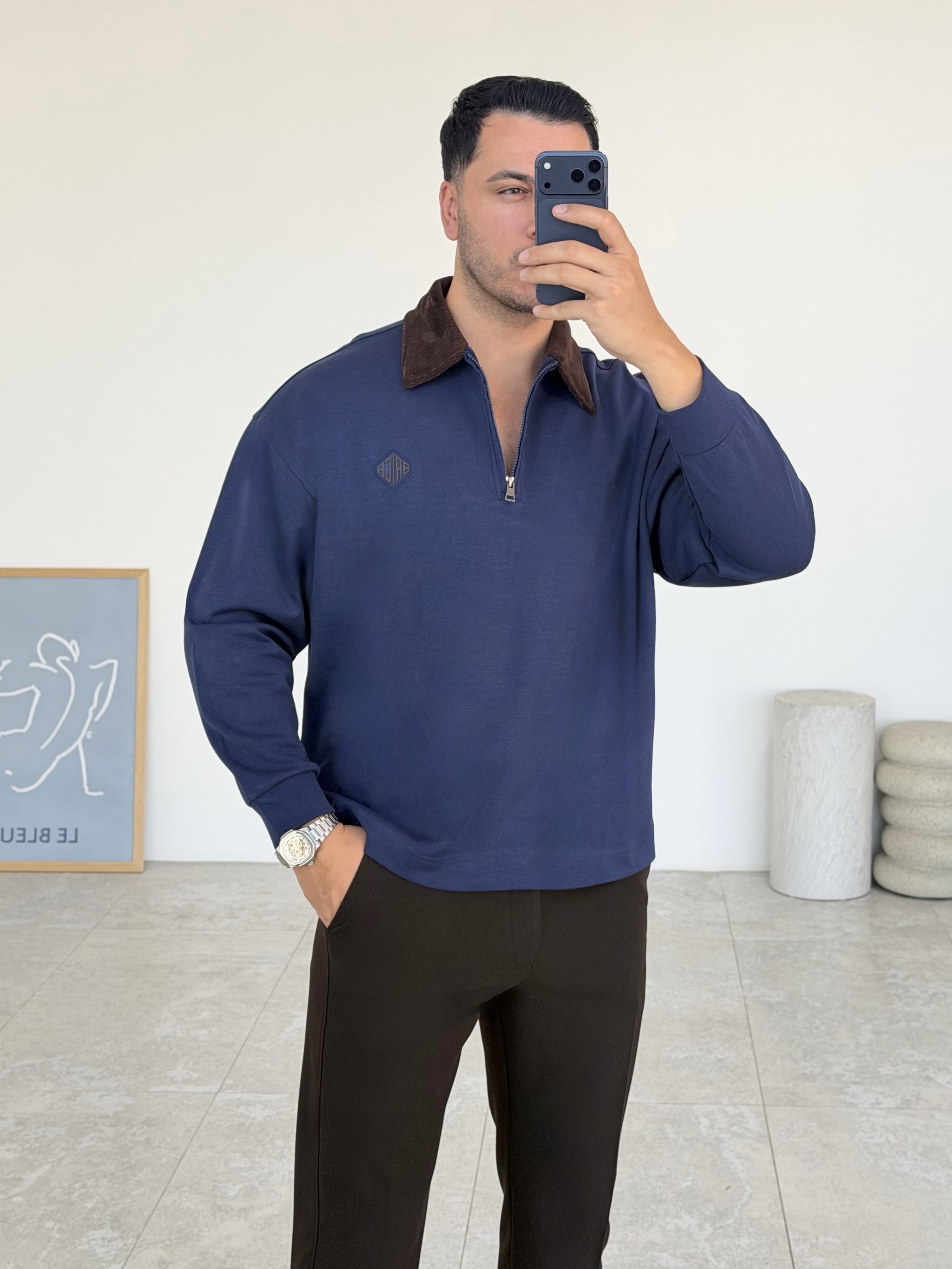 Kadife Yaka Lacivert Sweat