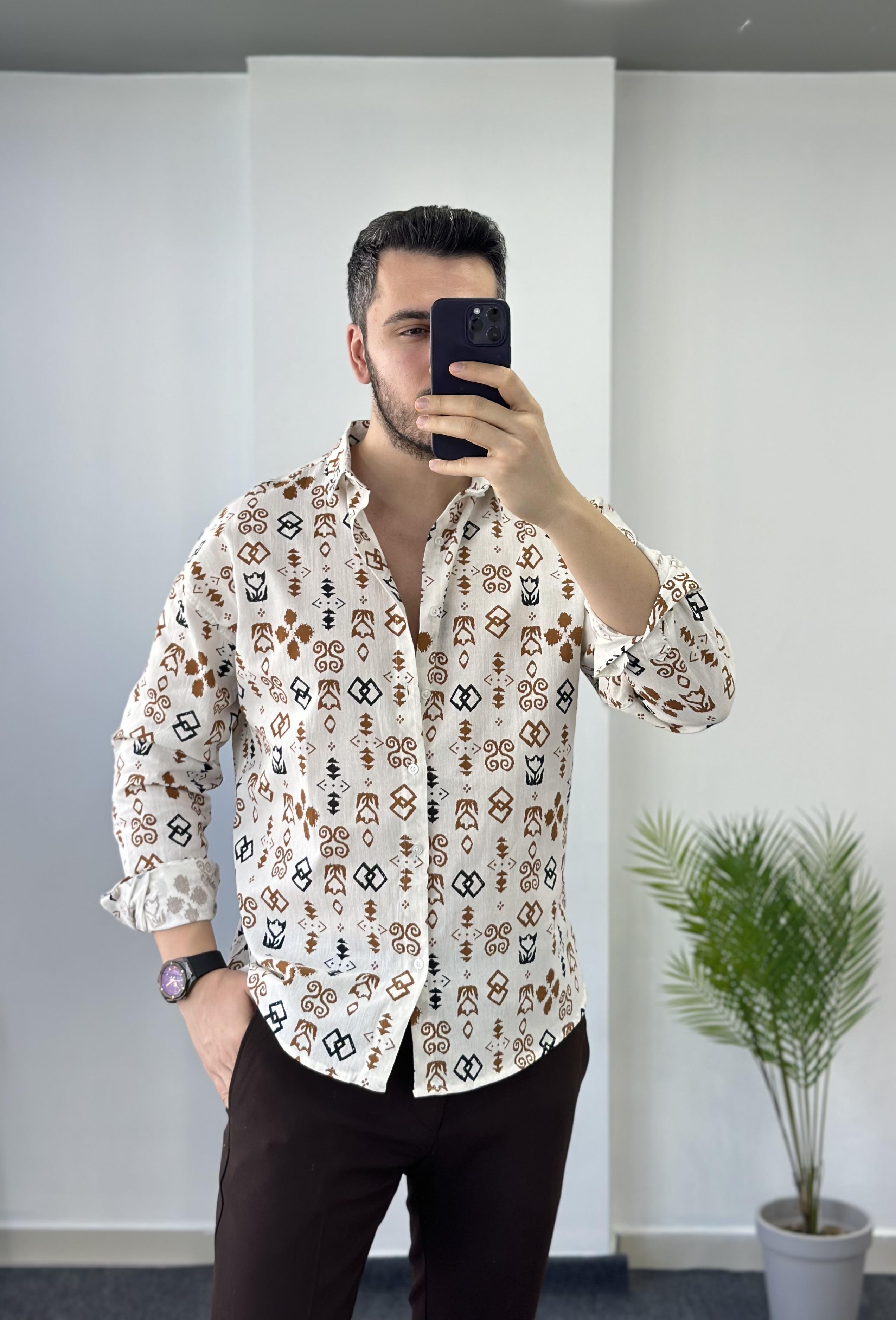 Kahve Desen Oversize Keten Gömlek