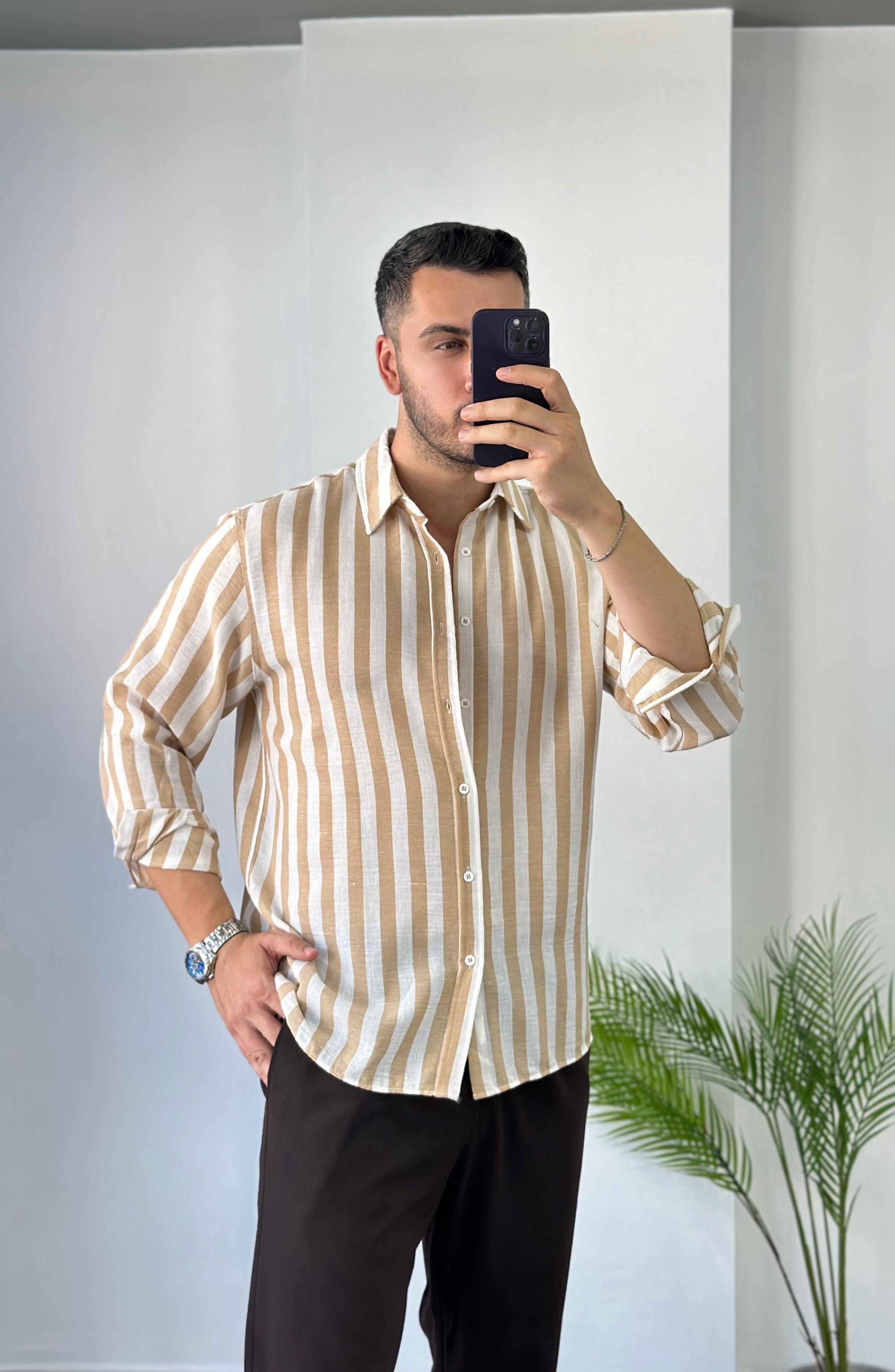 Kahve Geniş Çizgili Oversize Keten Gömlek