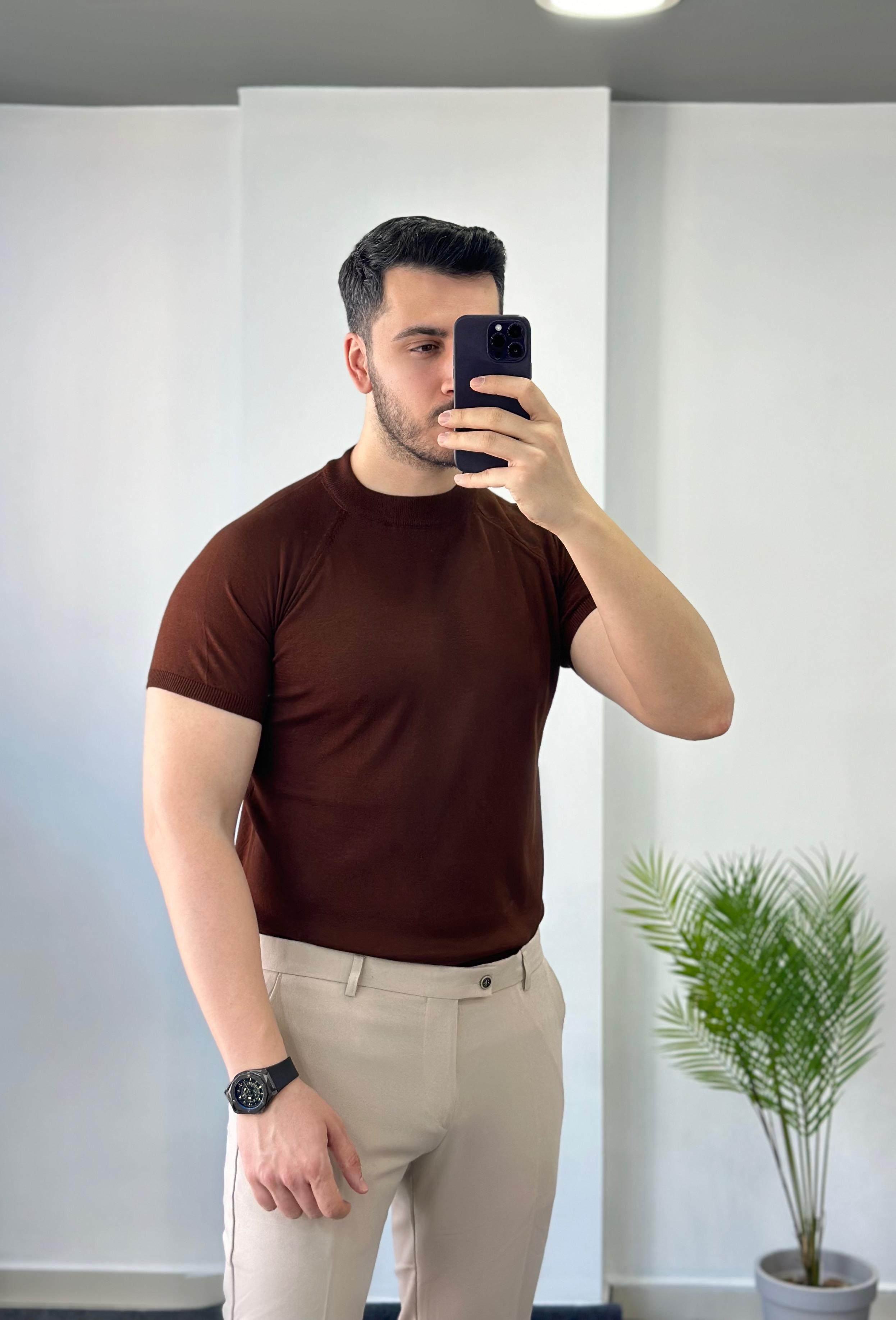 Kahve Reglan Kol Triko Tişört 