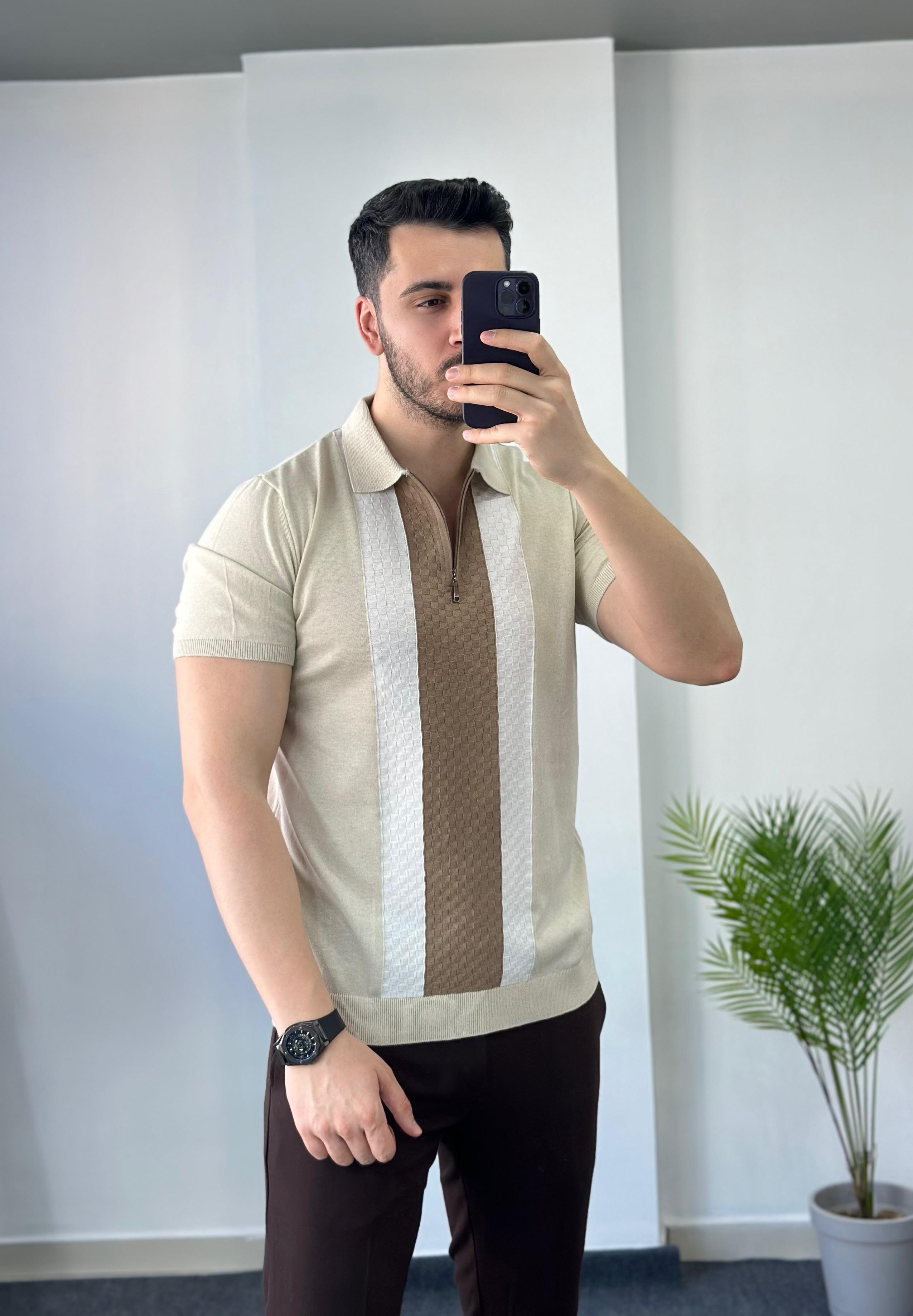 Kahve Şerit Detay Krem Fermuarlı Triko Tişört 