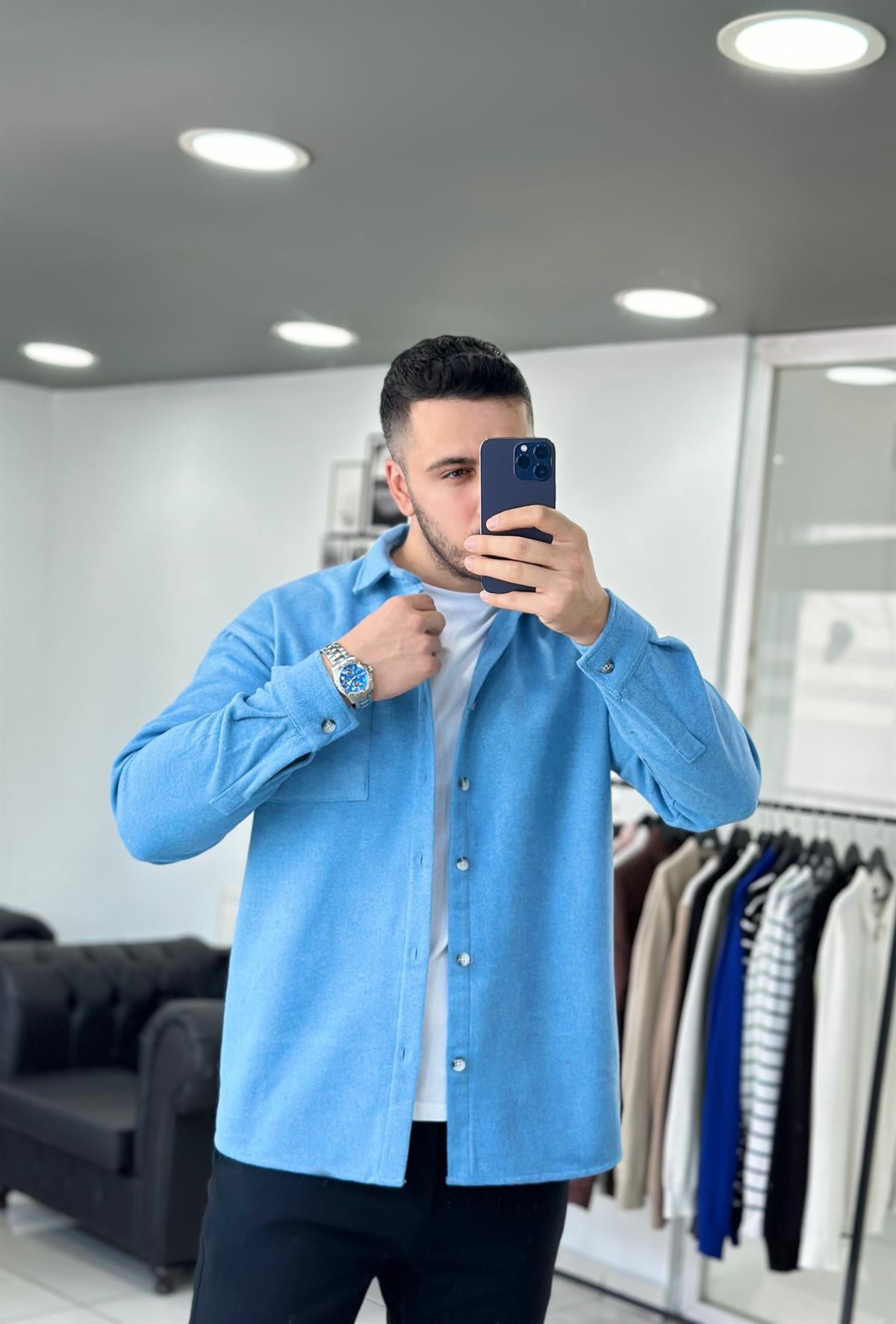 Kaşe Mavi Oversize Ceket Gömlek