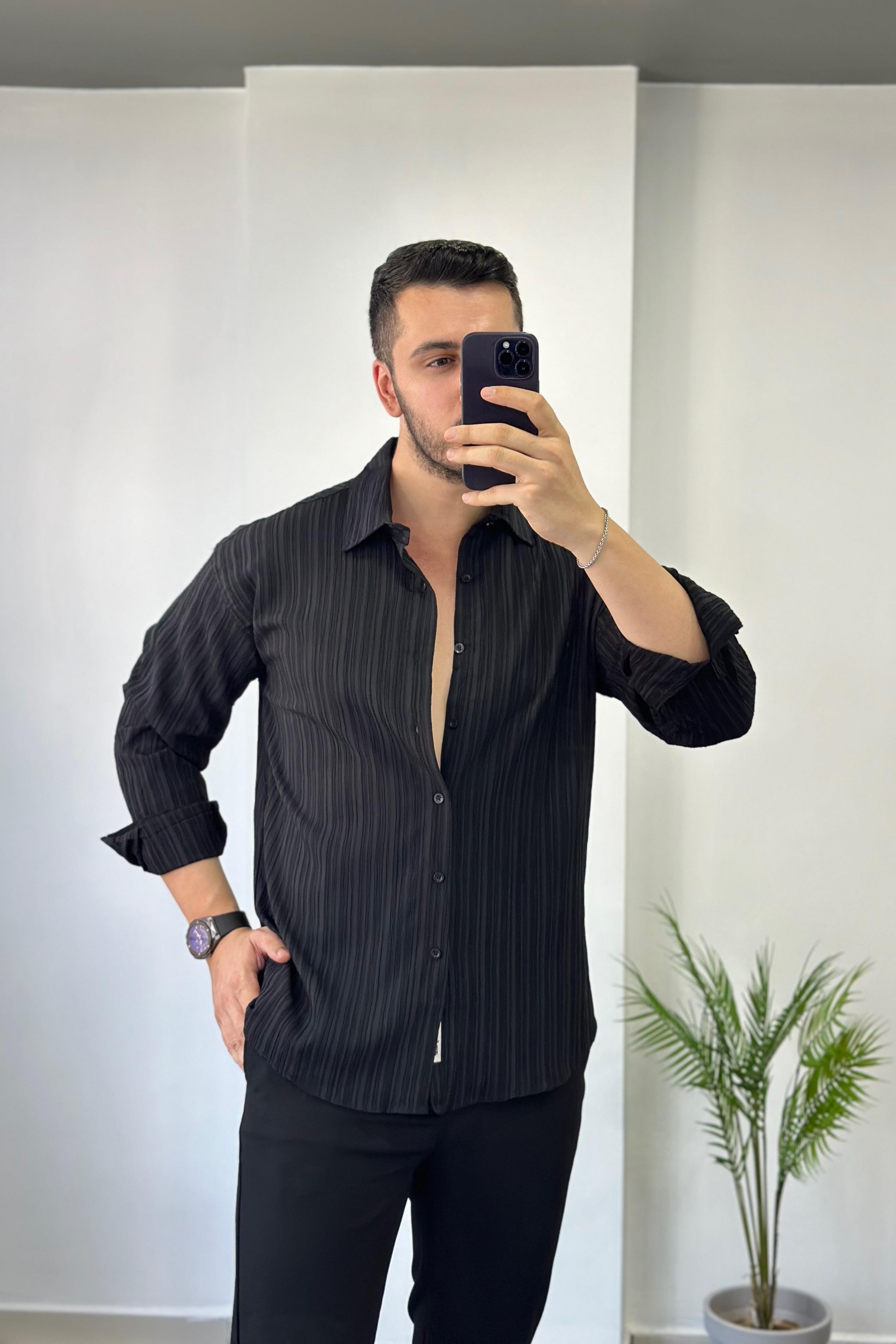 Kendiliğinden Desenli Siyah Oversize Keten Gömlek