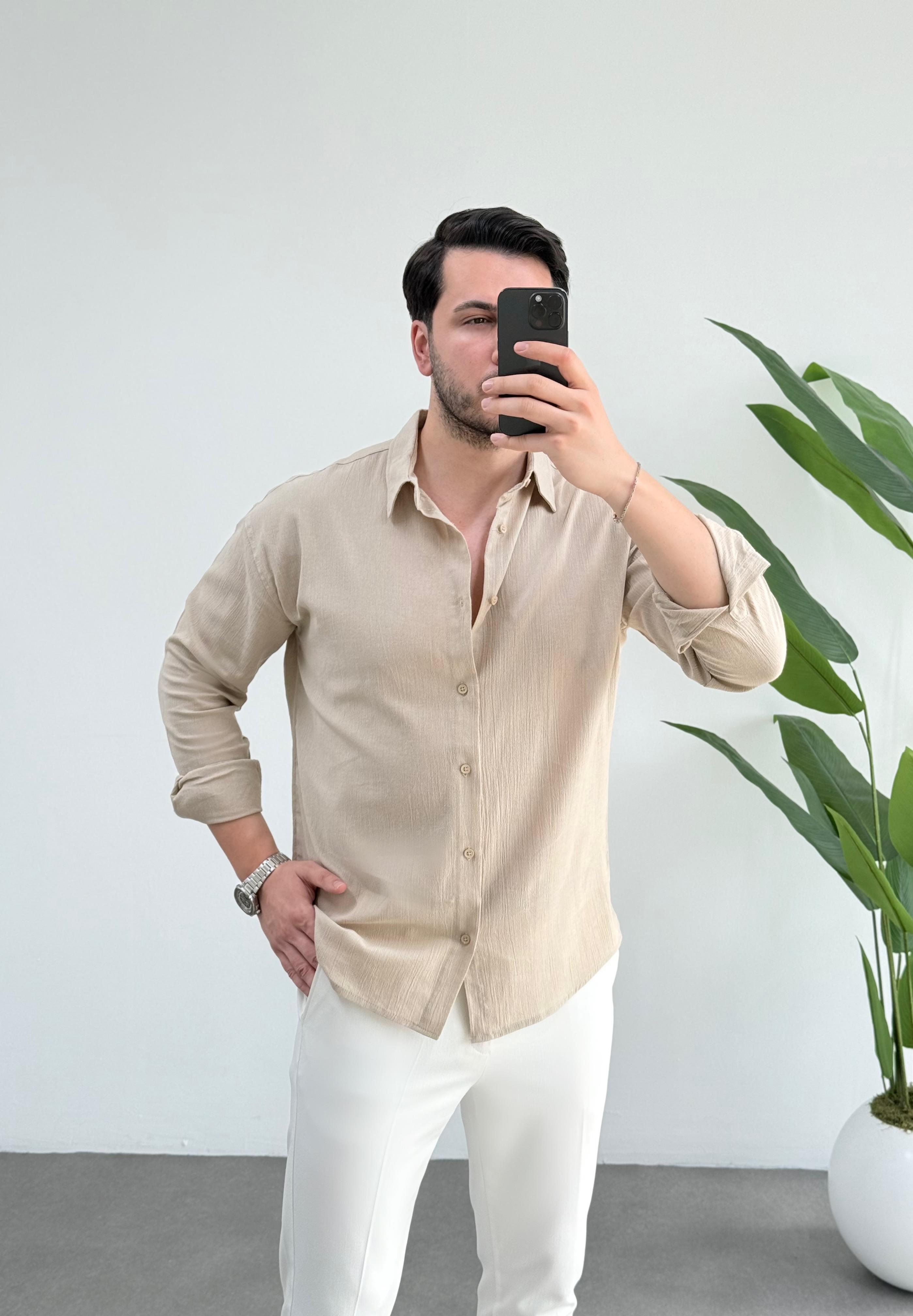 Kırınkıl Bej Oversize Keten Gömlek 