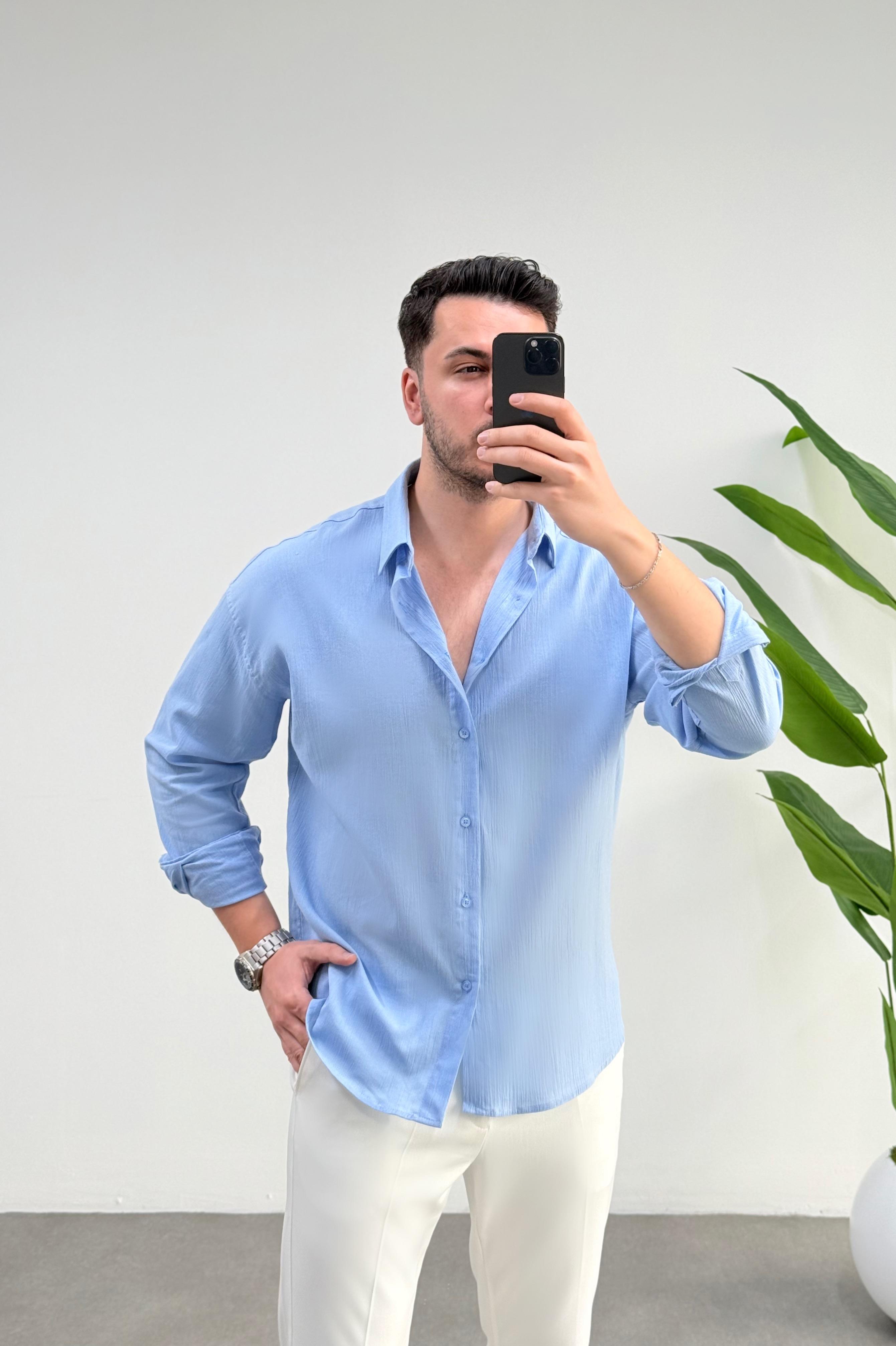 Kırınkıl Buz Mavisi Oversize Keten Gömlek 