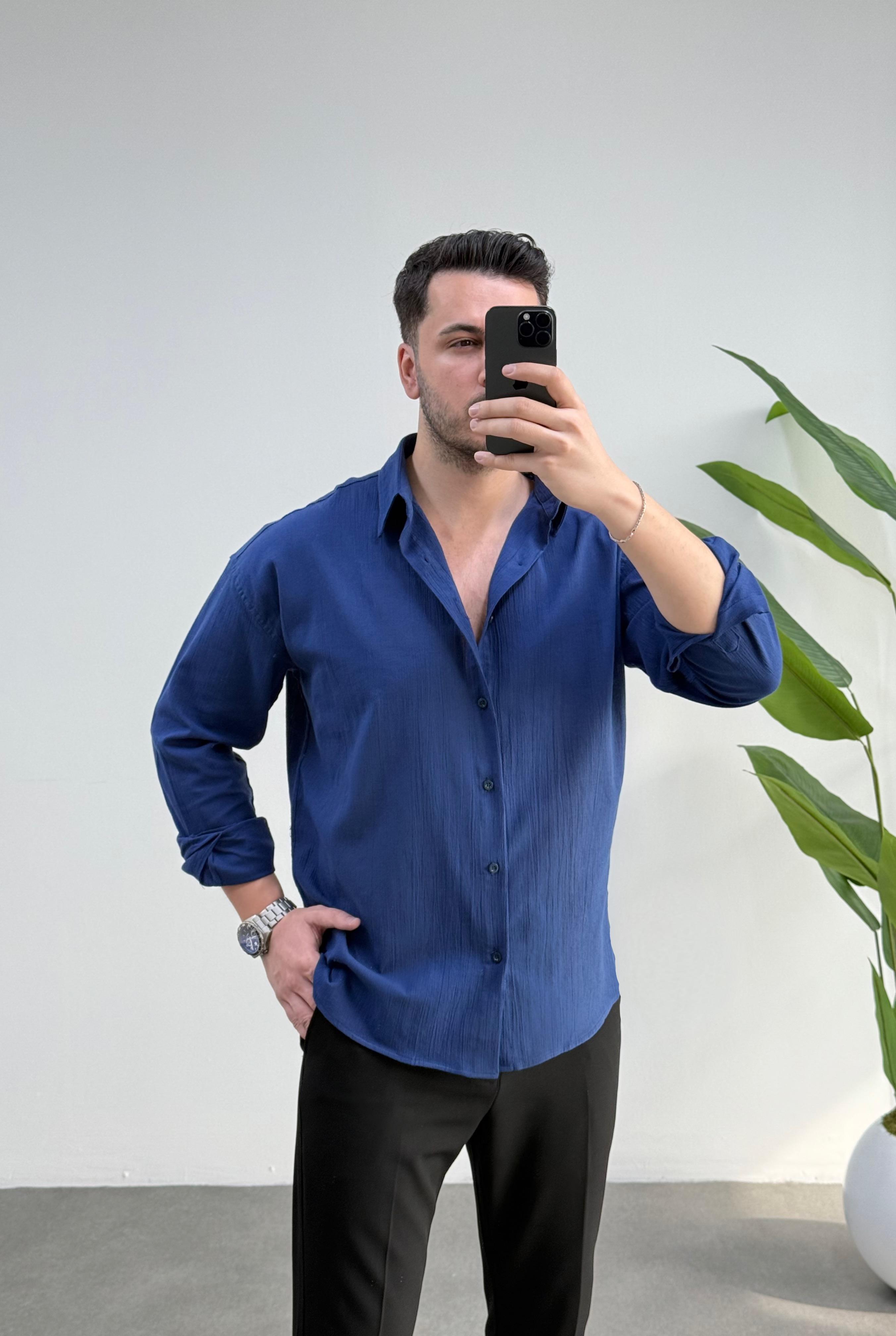 Kırınkıl Lacivert Oversize Keten Gömlek