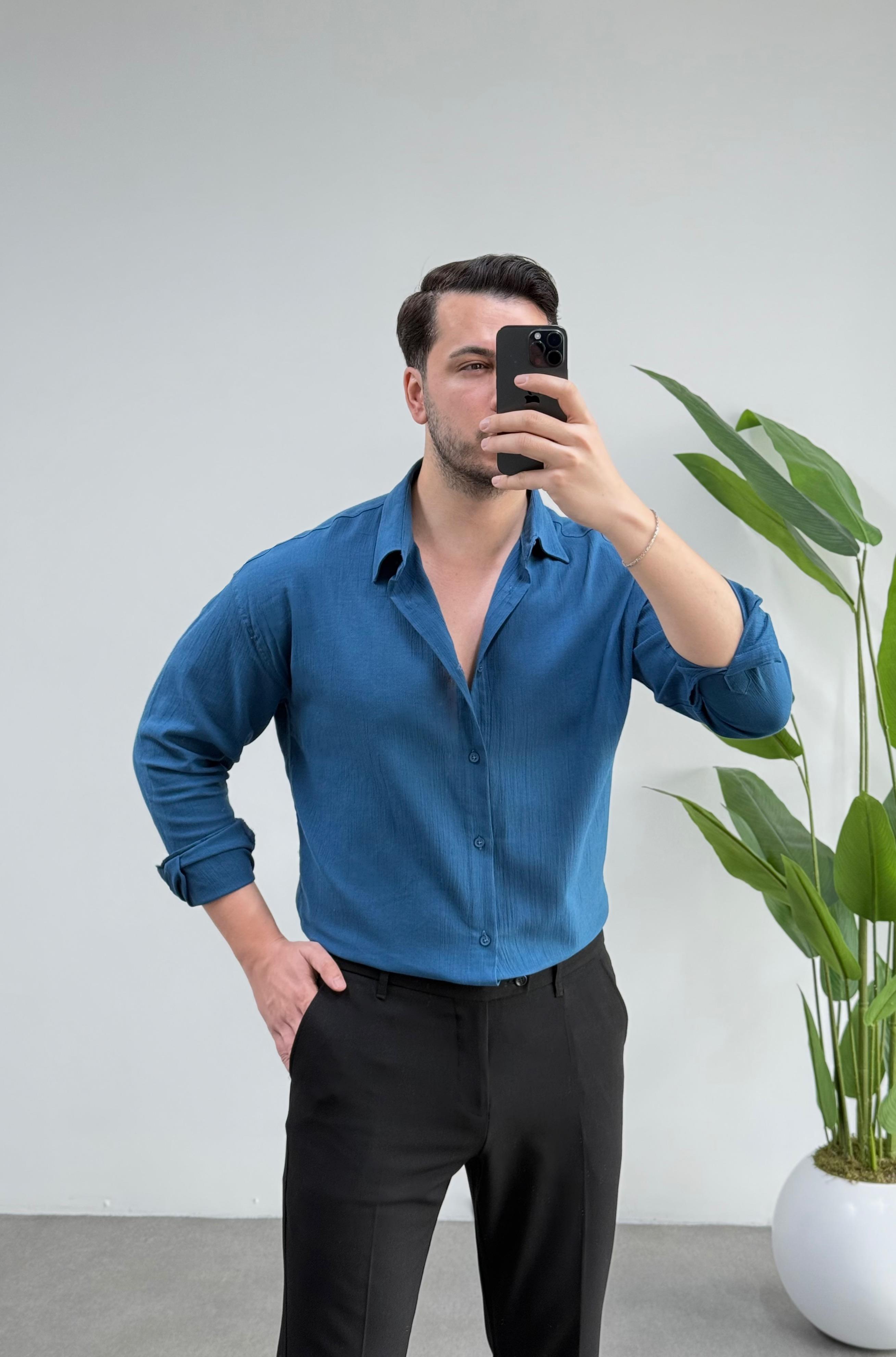 Kırınkıl Petrol Oversize Keten Gömlek 