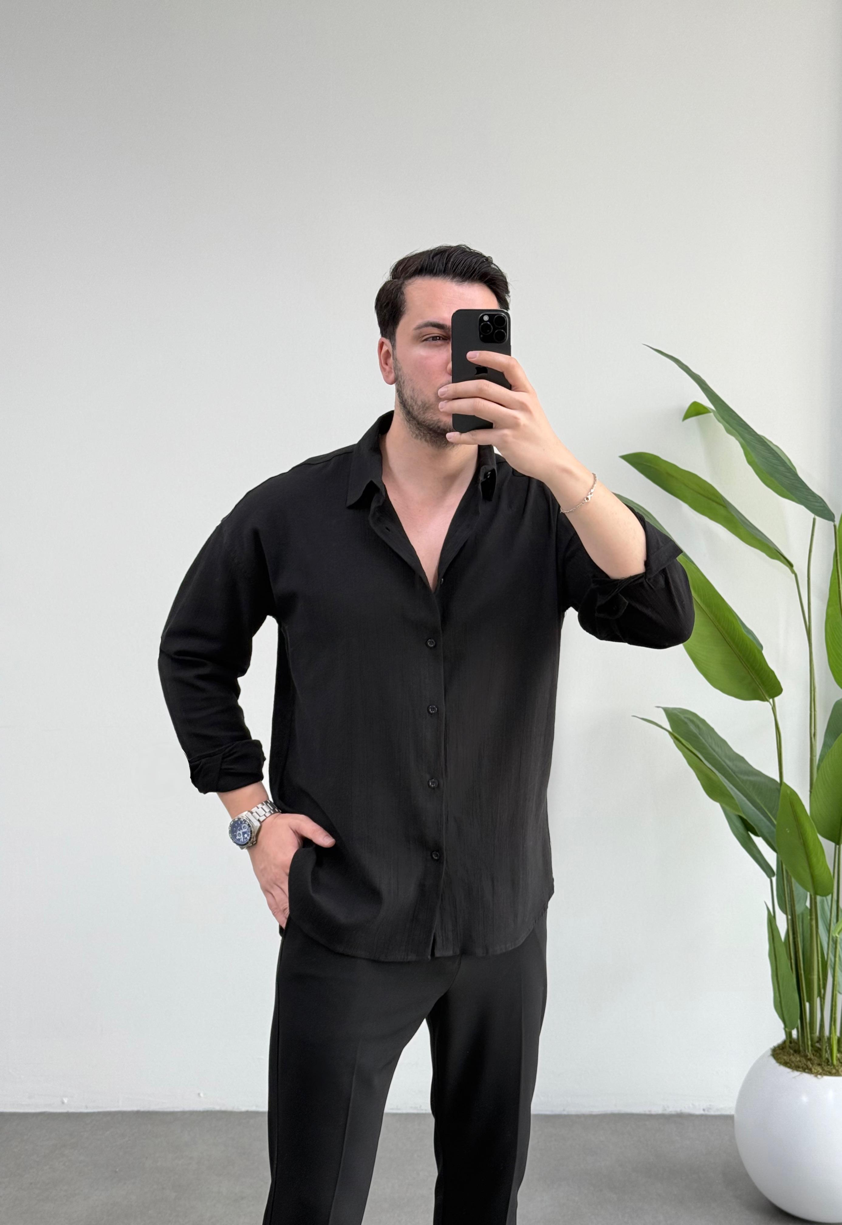 Kırınkıl Siyah Oversize Keten Gömlek 