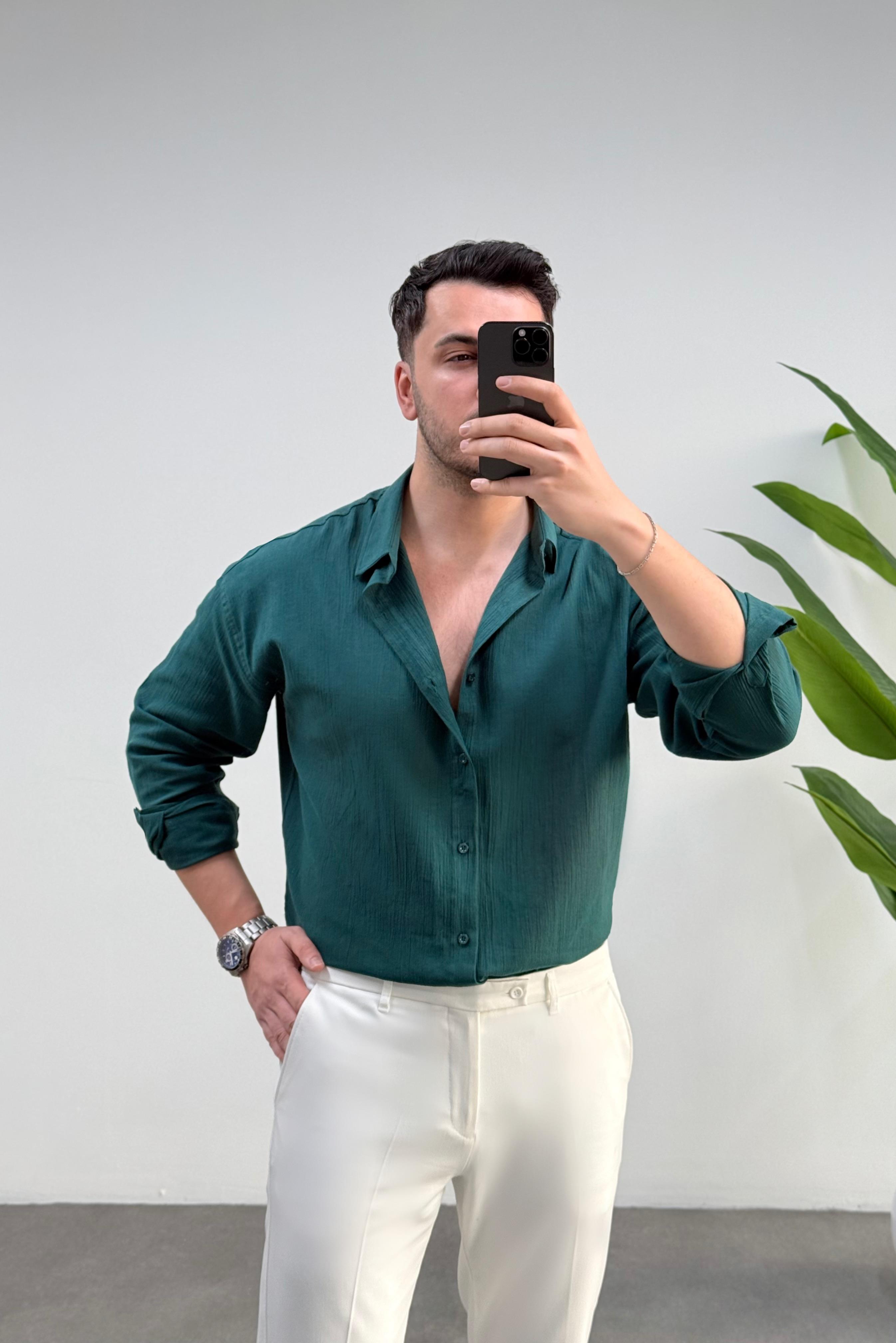 Kırınkıl Zümrüt Oversize Keten Gömlek 