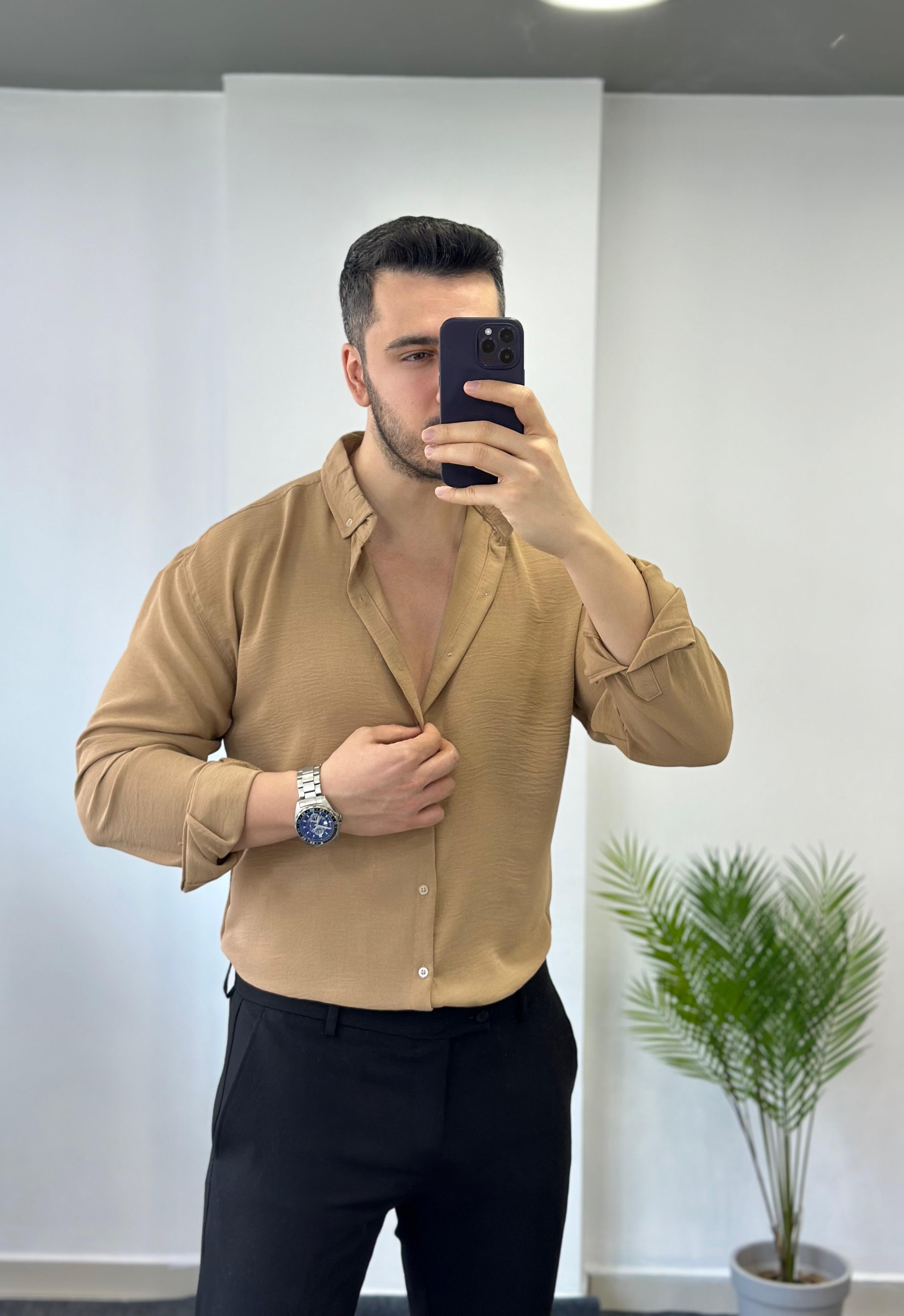 Koyu Bej Yarım Oversize Keten Gömlek