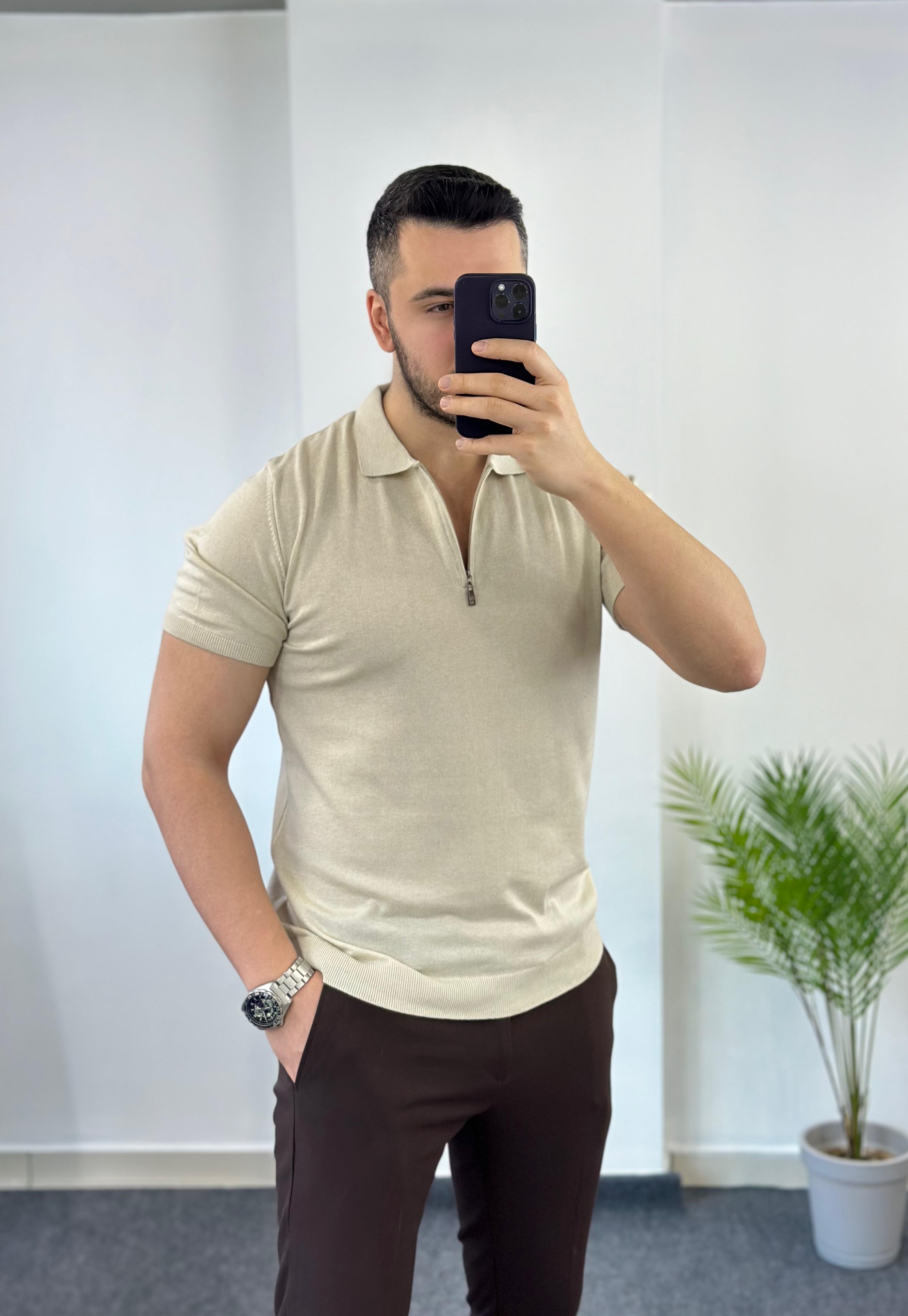 Krem Fermuarlı Triko Tişört