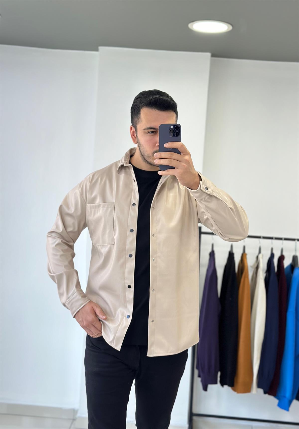 Krem Oversize Deri Gömlek