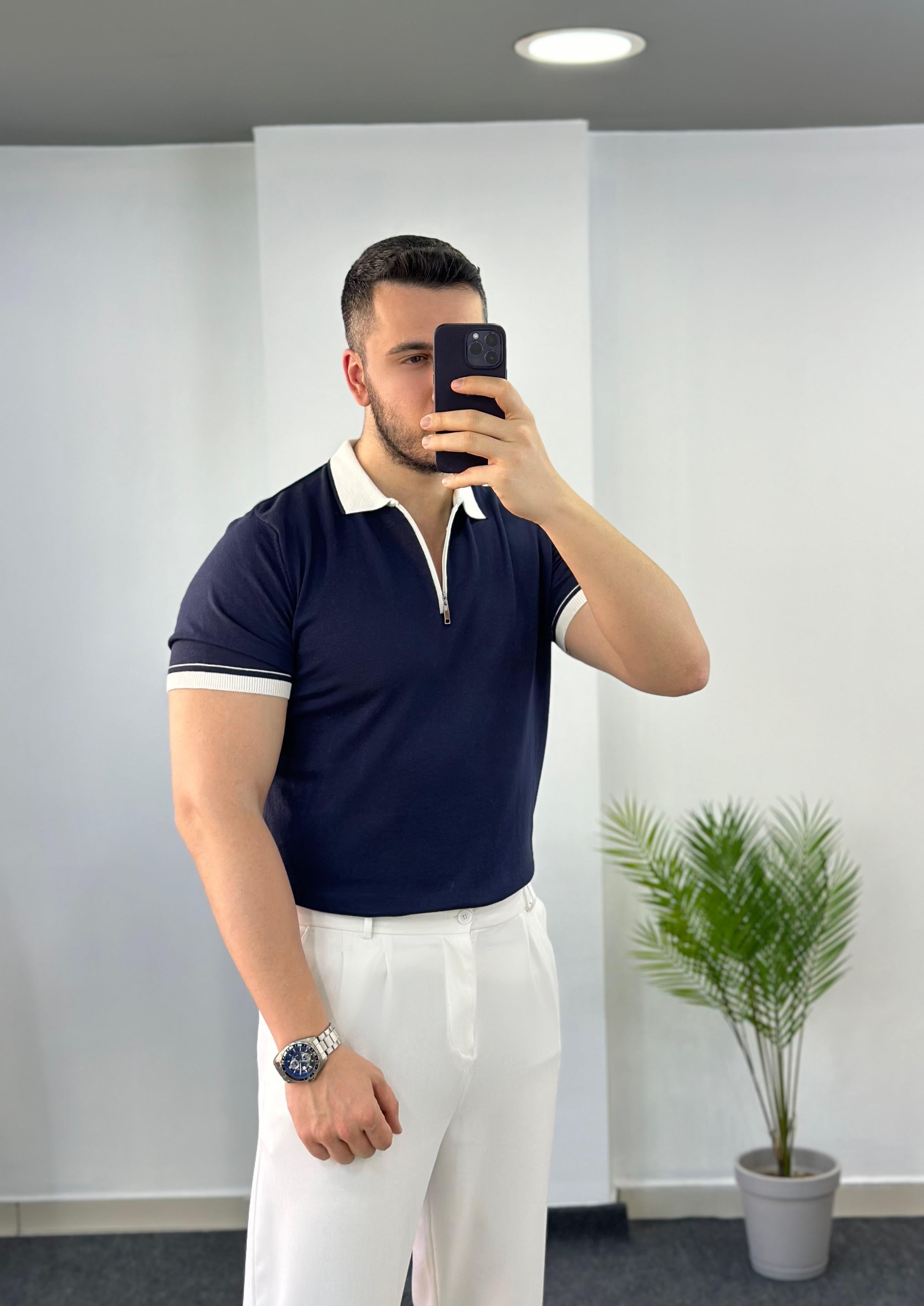 Lacivert Beyaz Fermuarlı Triko Tişört 