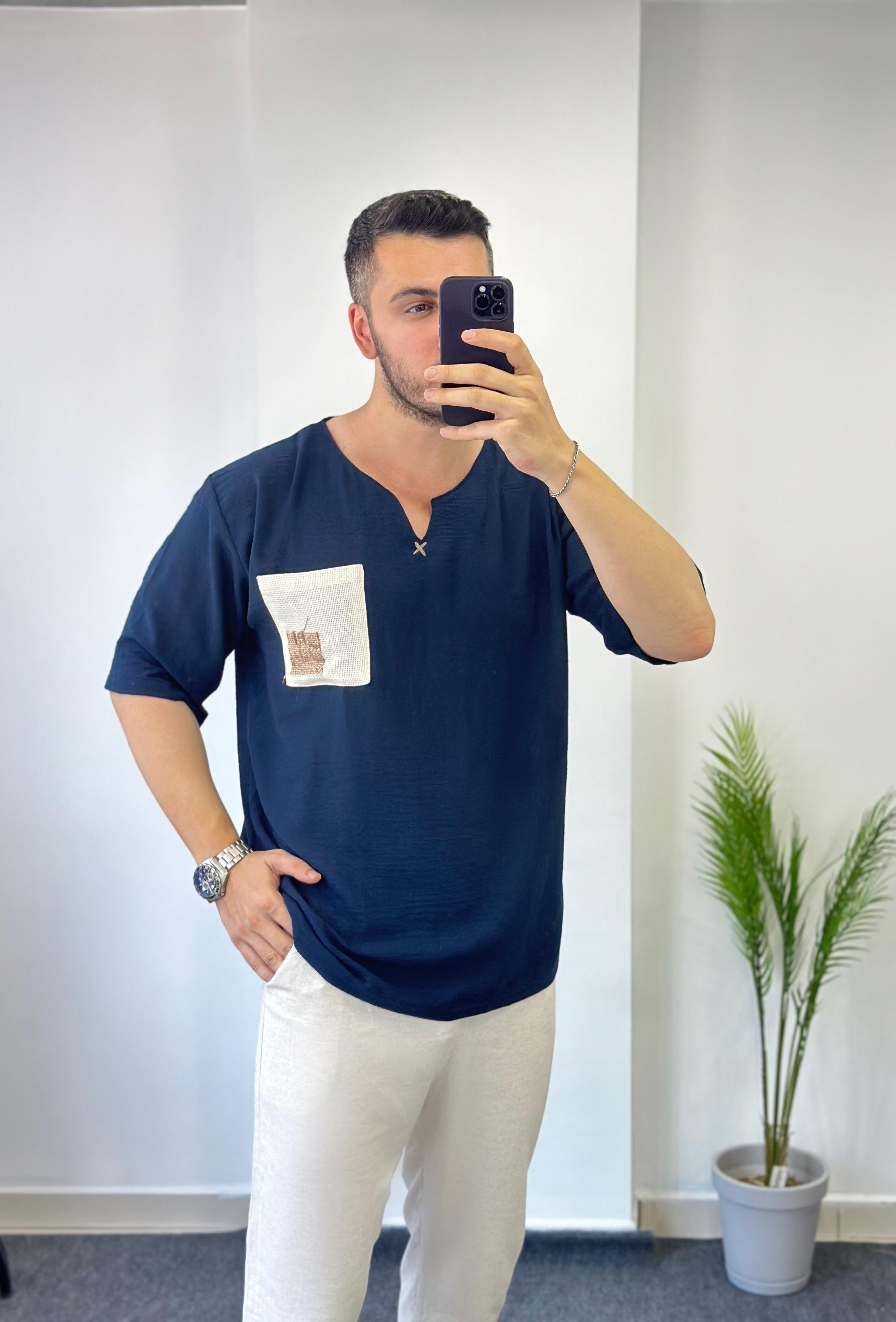 Lacivert Etnik Bohem Oversize Keten Tişört 