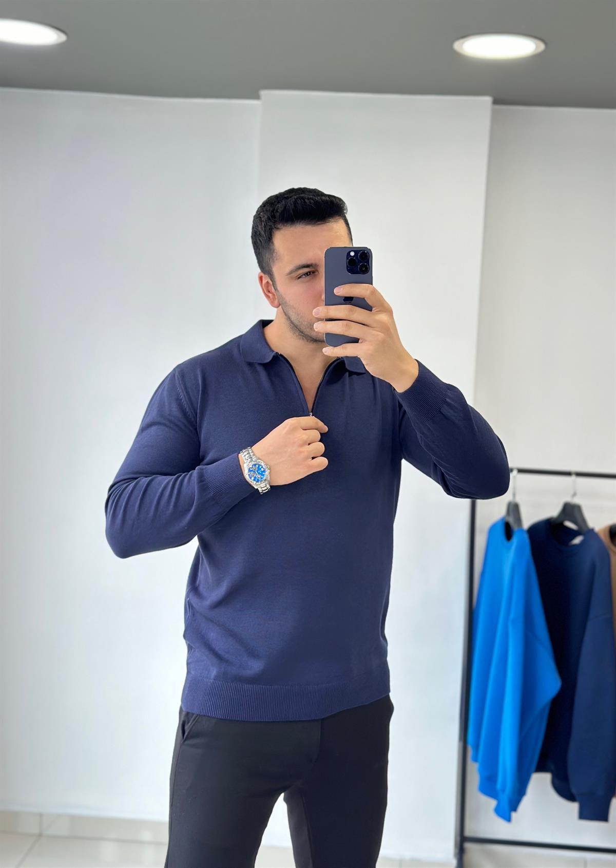 Lacivert Fermuarlı Triko Kazak