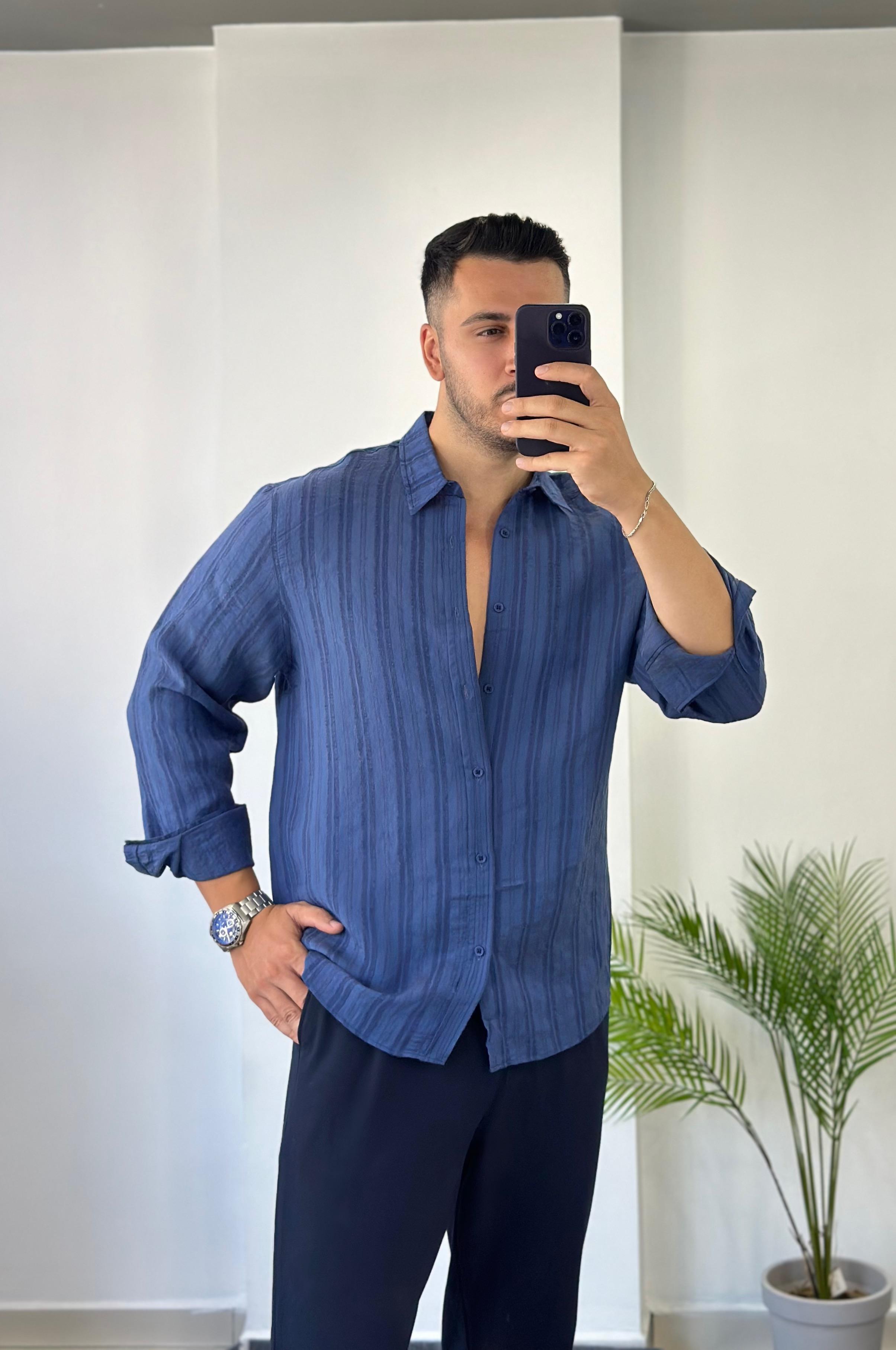 Lacivert Kendiliğinden Desenli Oversize Keten Gömlek