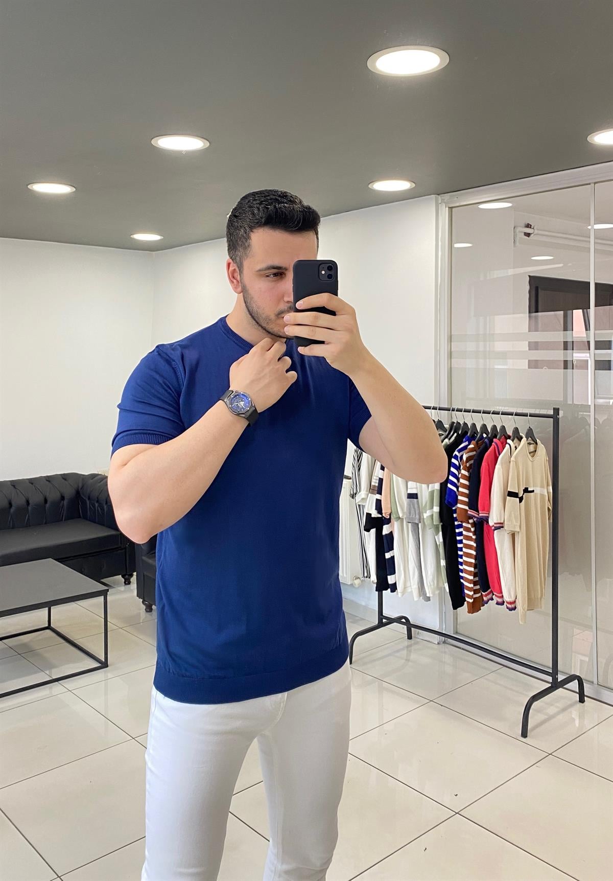 Lacivert Örme Triko Tişört 