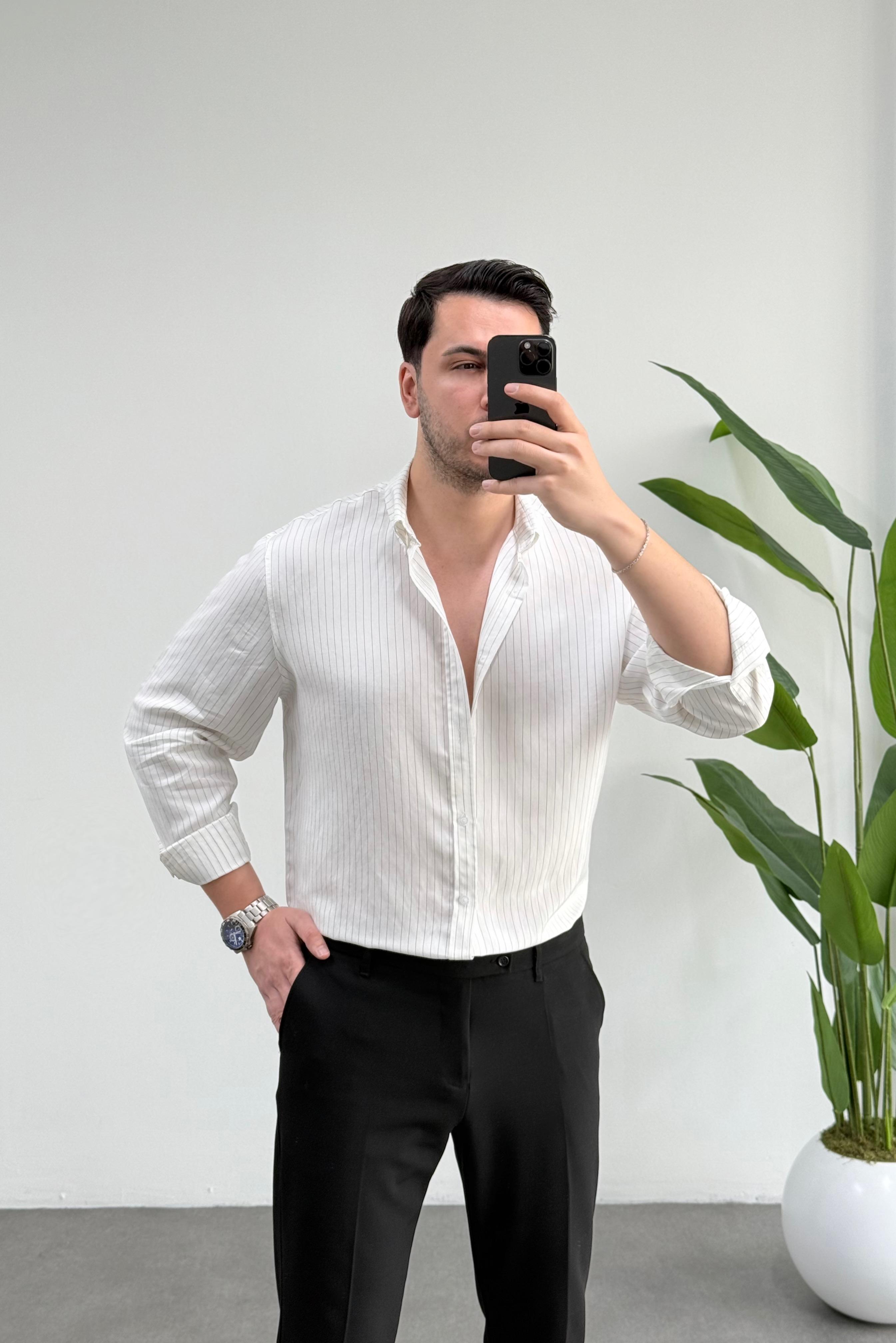 Linen Beyaz Çizgili Oversize Tensel Gömlek 