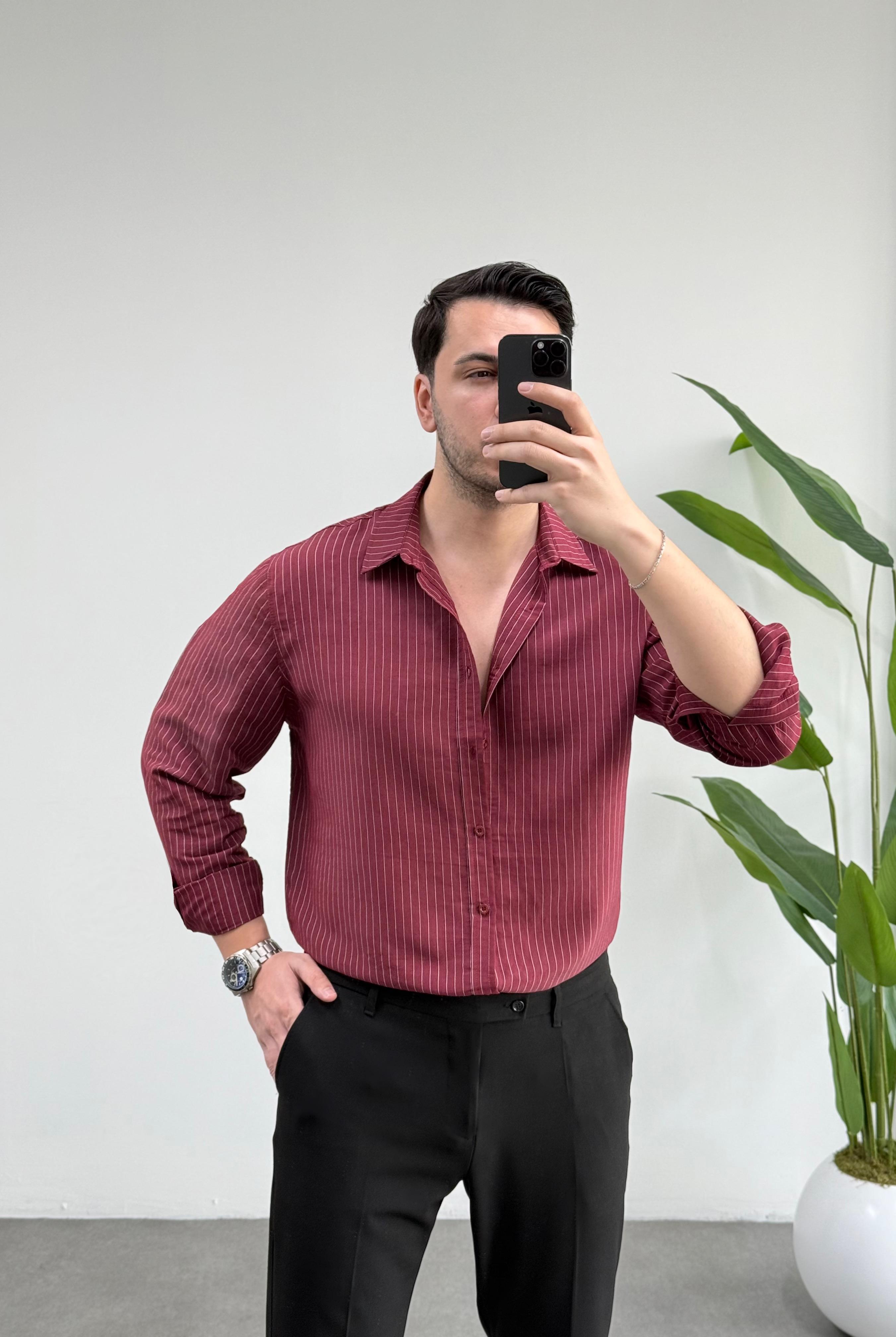 Linen Bordo Çizgili Oversize Tensel Gömlek 