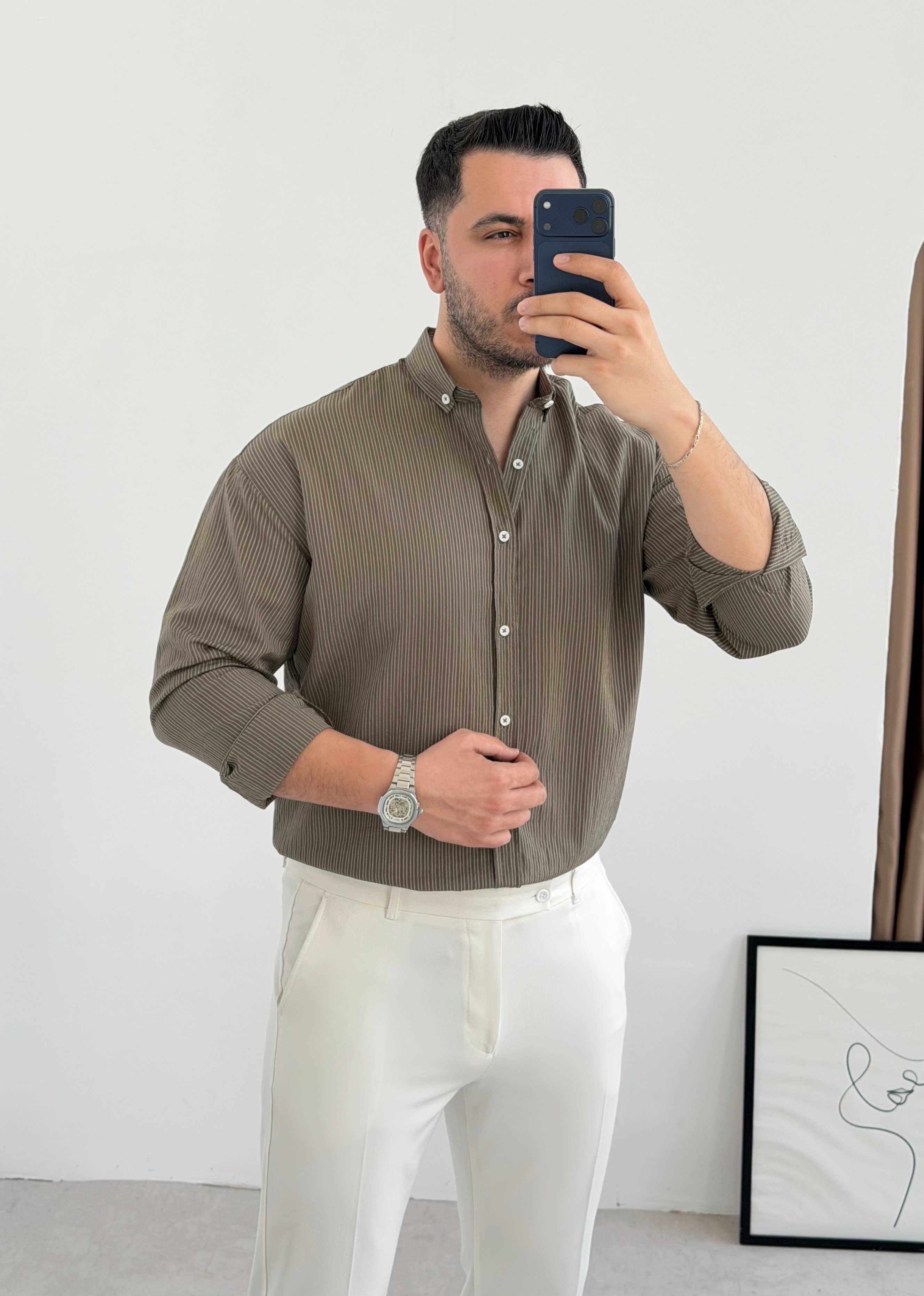 Lorel Haki Çizgili Keten Gömlek 