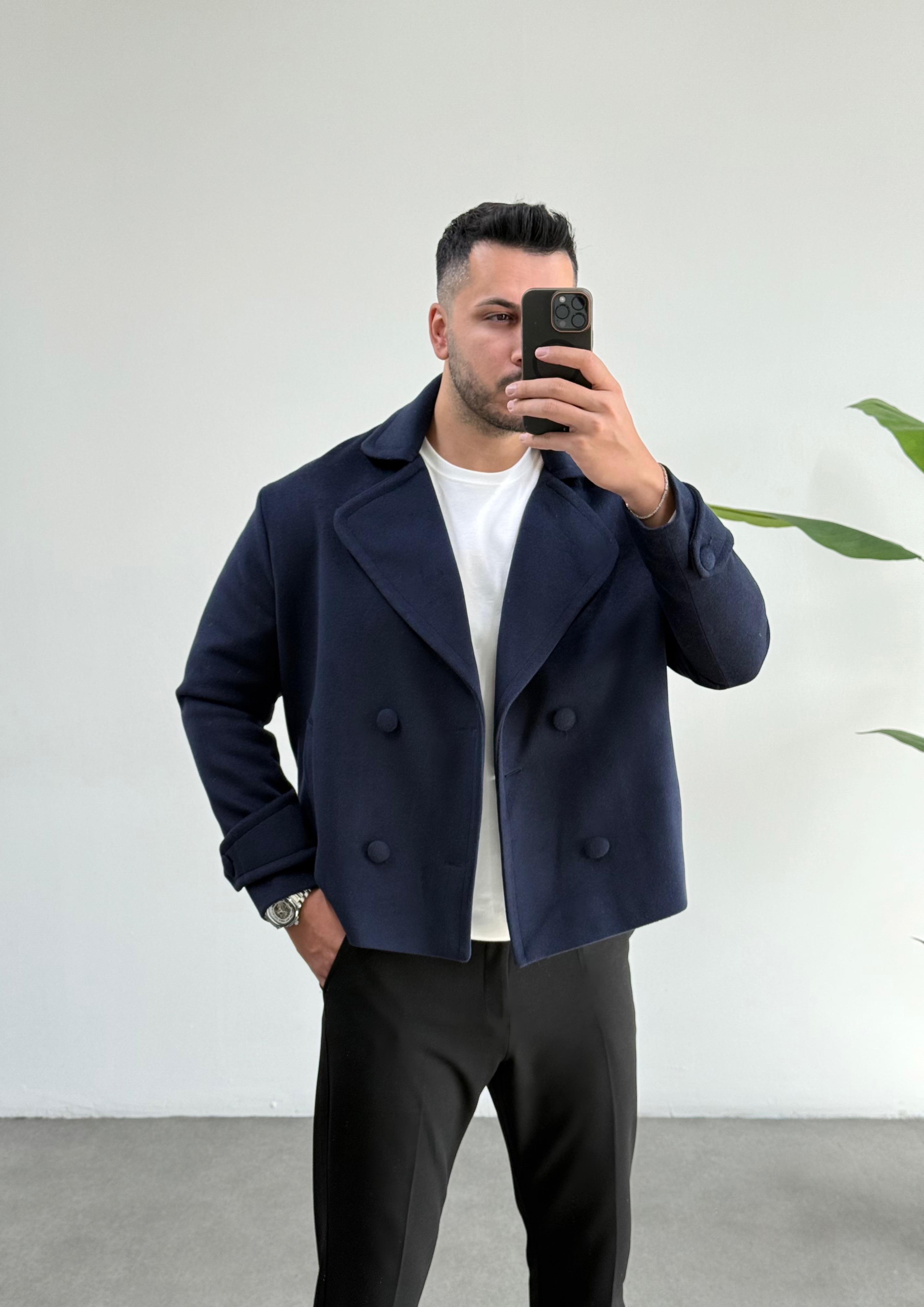 Lux Lacivert Oversize Kaşe Ceket