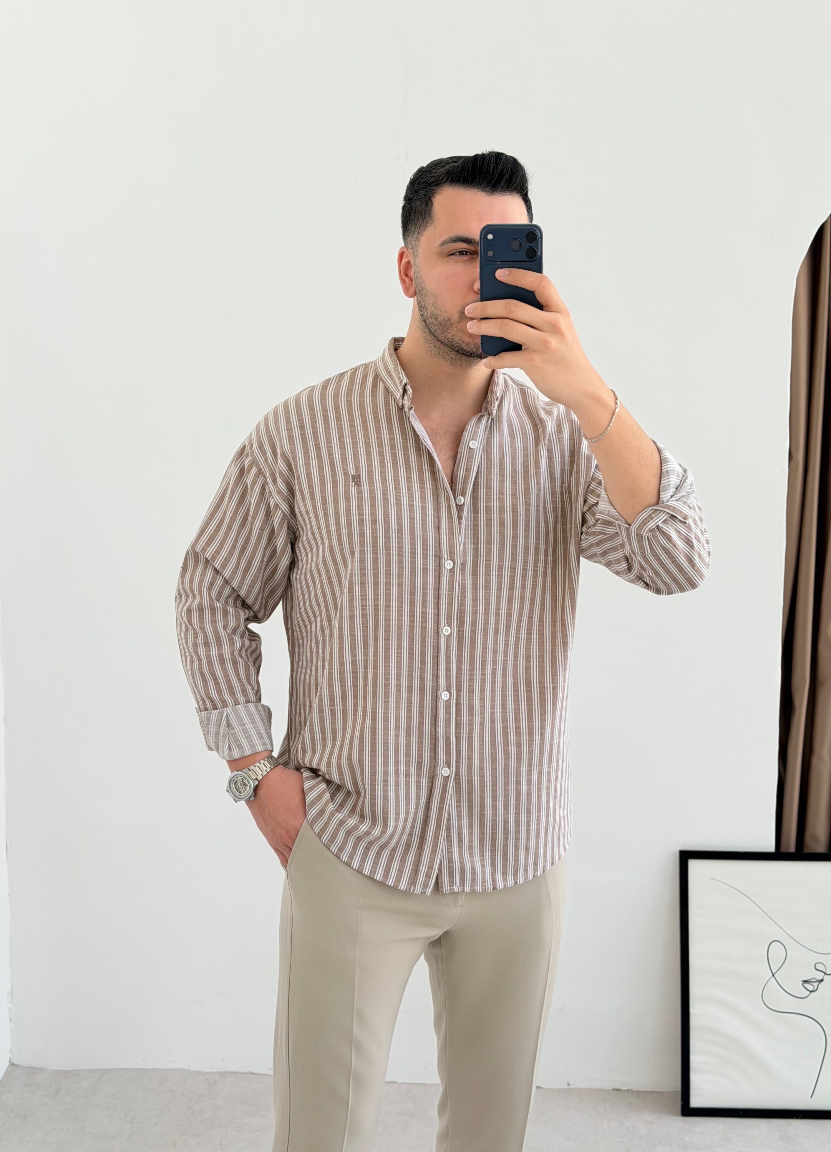 Majou Bej Çizgili Oversize Gömlek