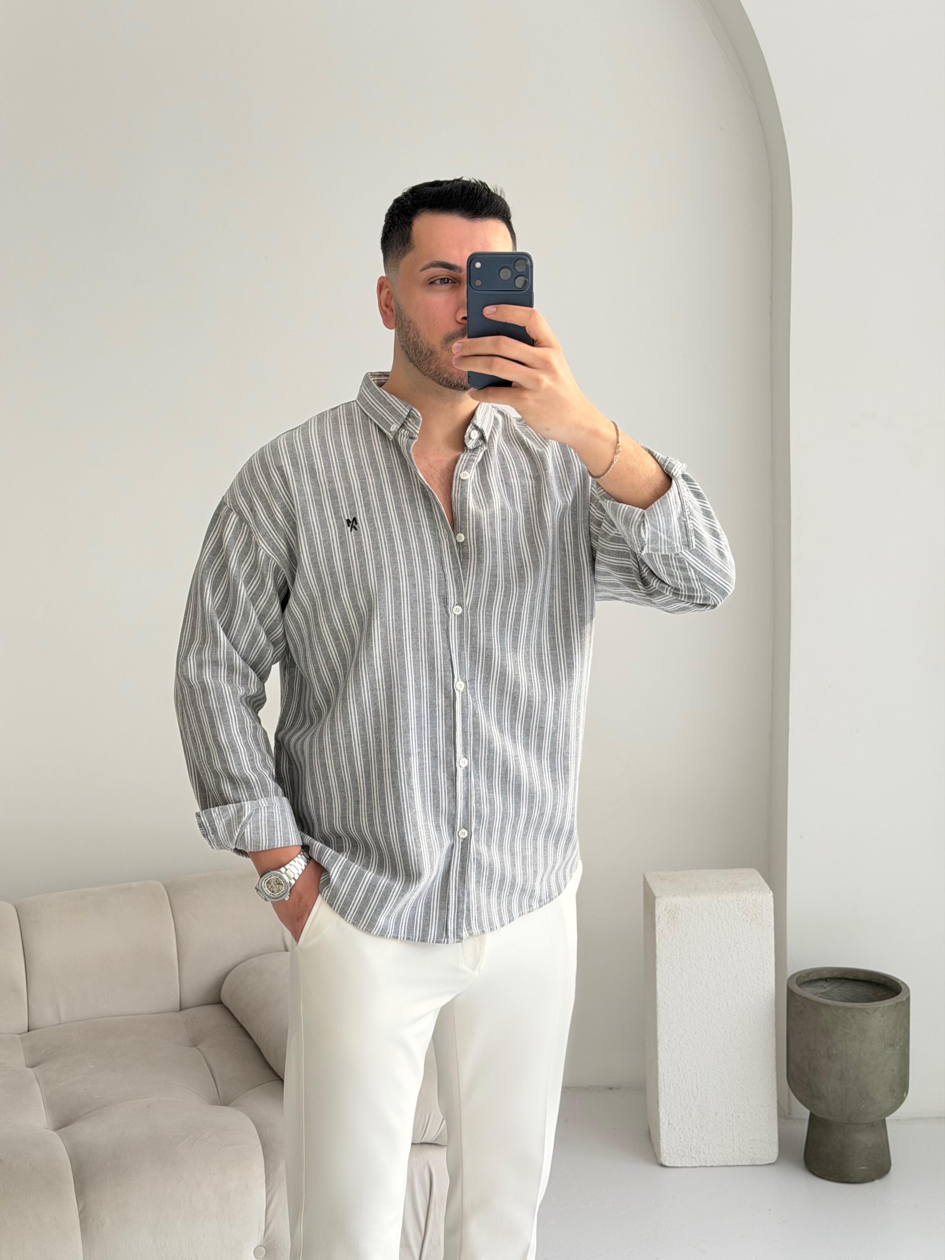 Majou Gri Çizgili Oversize Keten Gömlek 