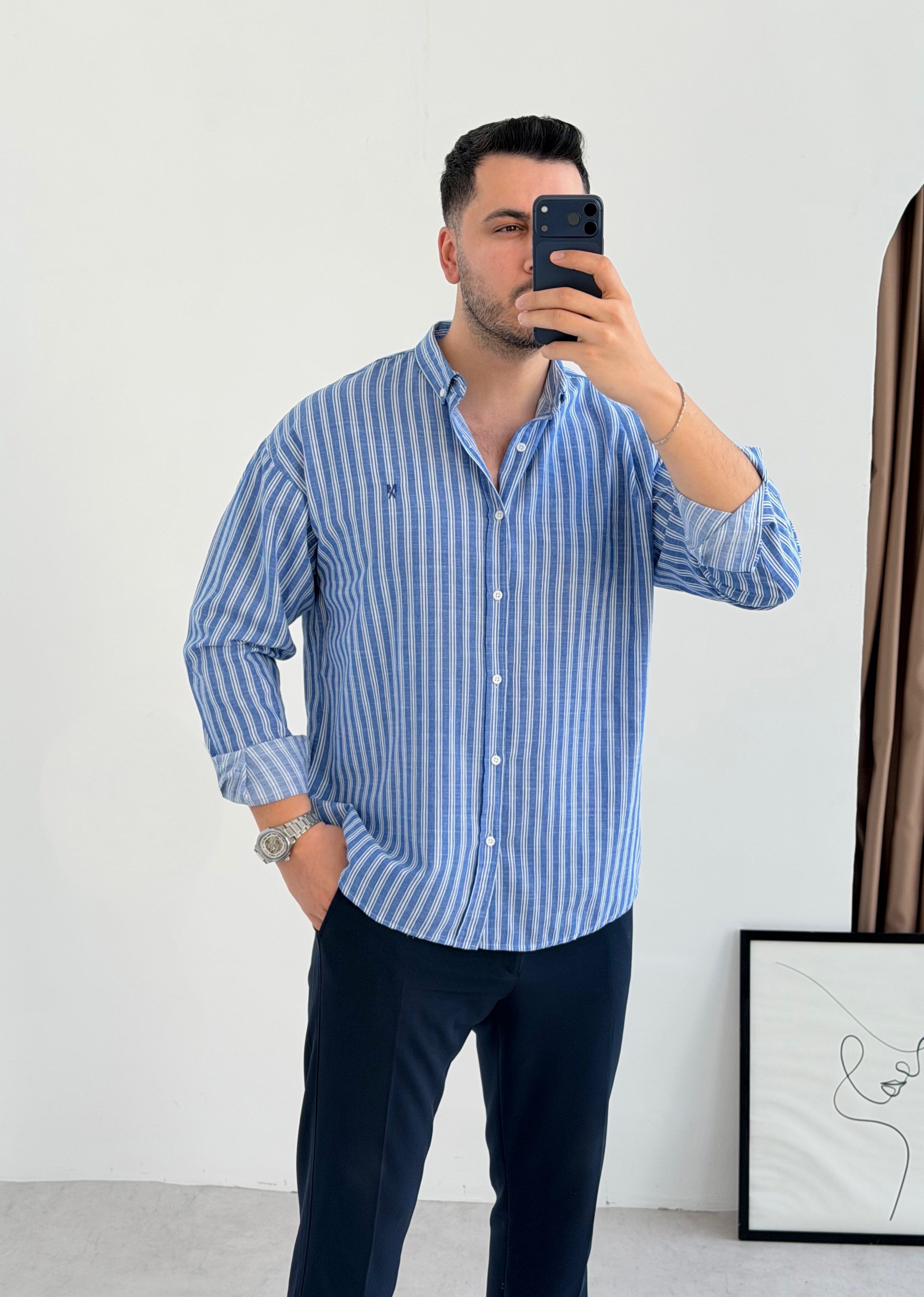 Majou Lacivert Çizgili Oversize Gömlek
