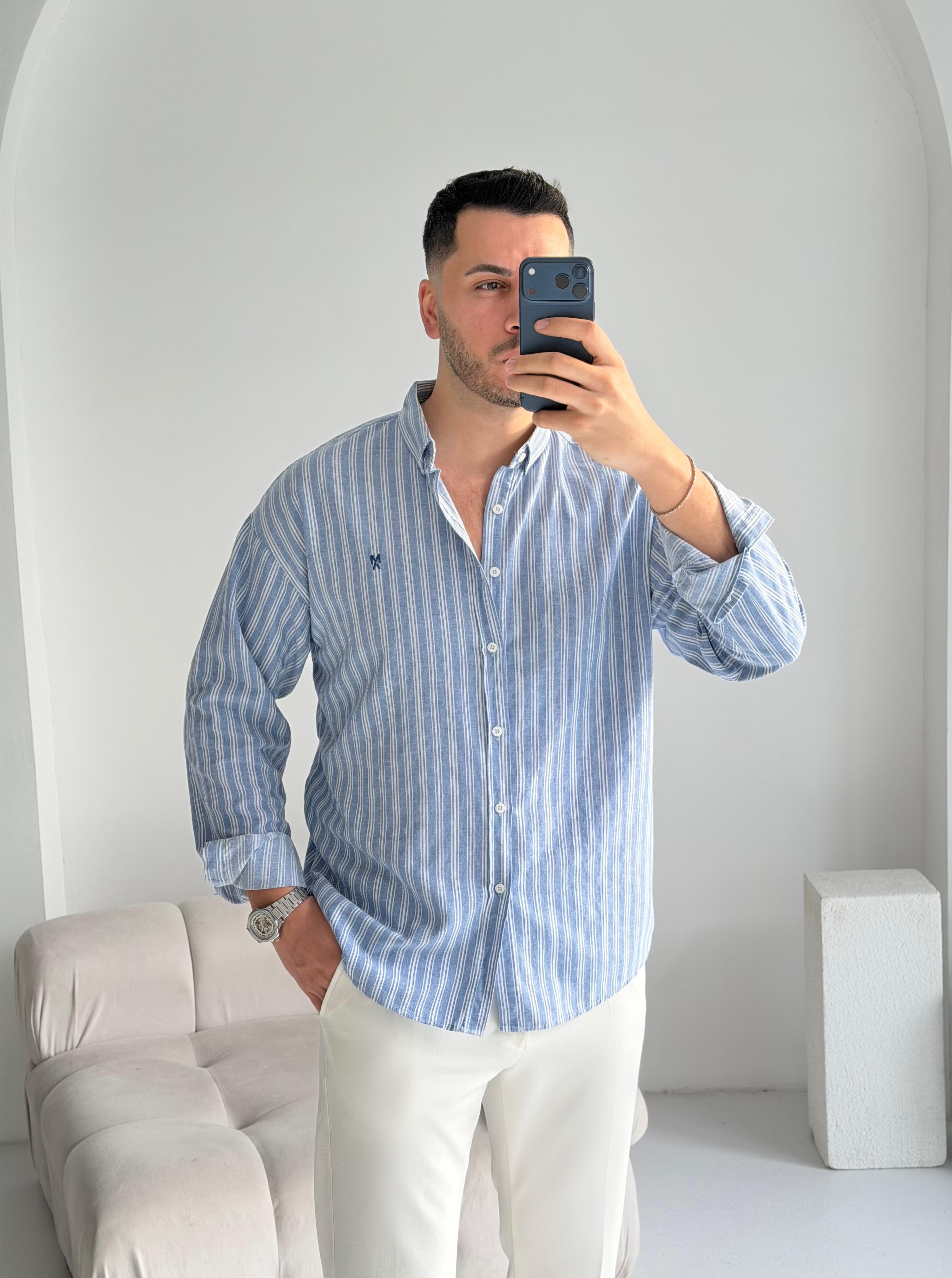 Majou Lacivert Çizgili Oversize Keten Gömlek 
