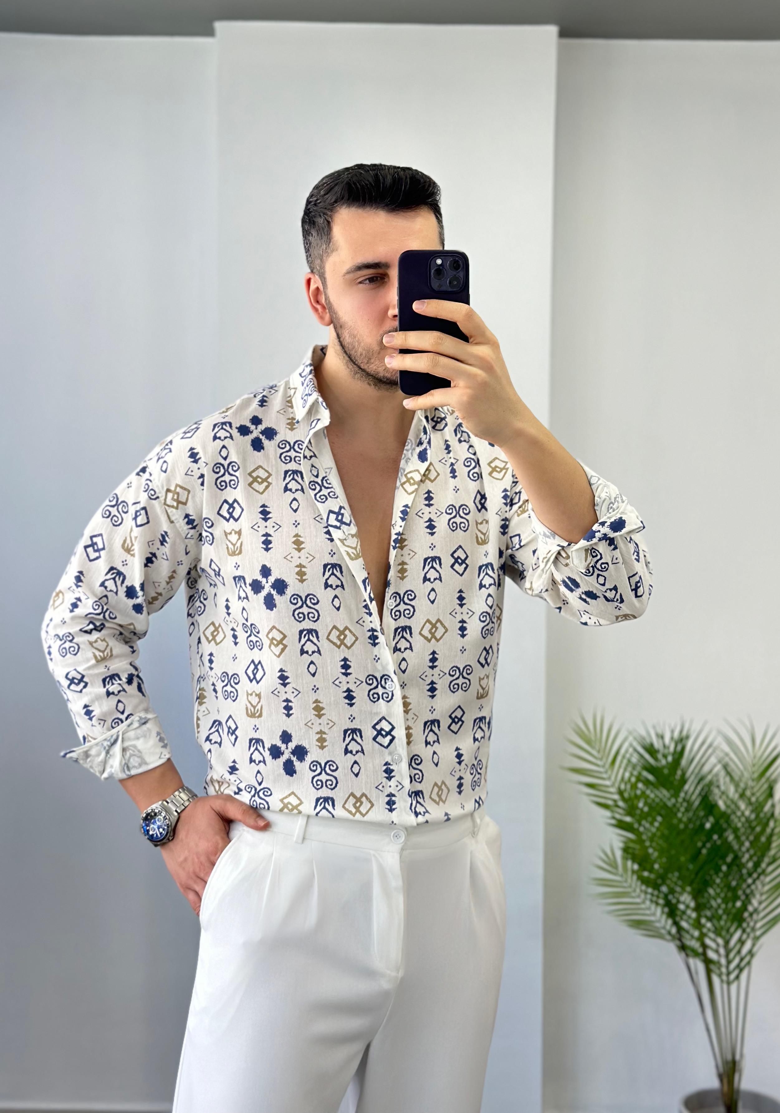 Mavi Desen Oversize Keten Gömlek