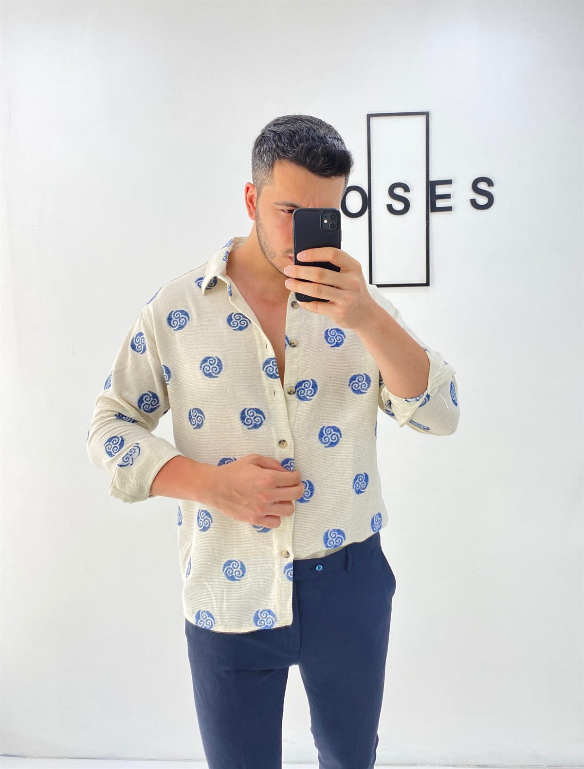 Mavi Desenli Oversize Keten Gömlek 