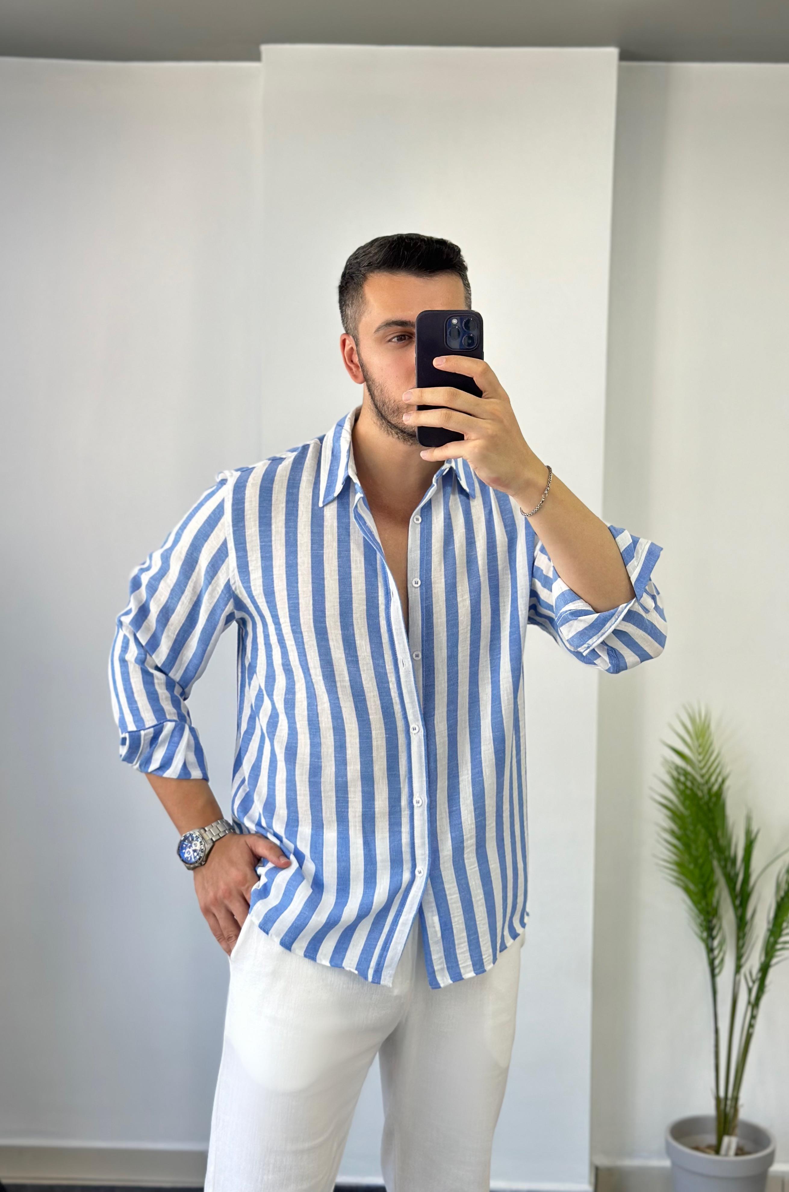 Mavi Geniş Çizgi Oversize Keten Gömlek 