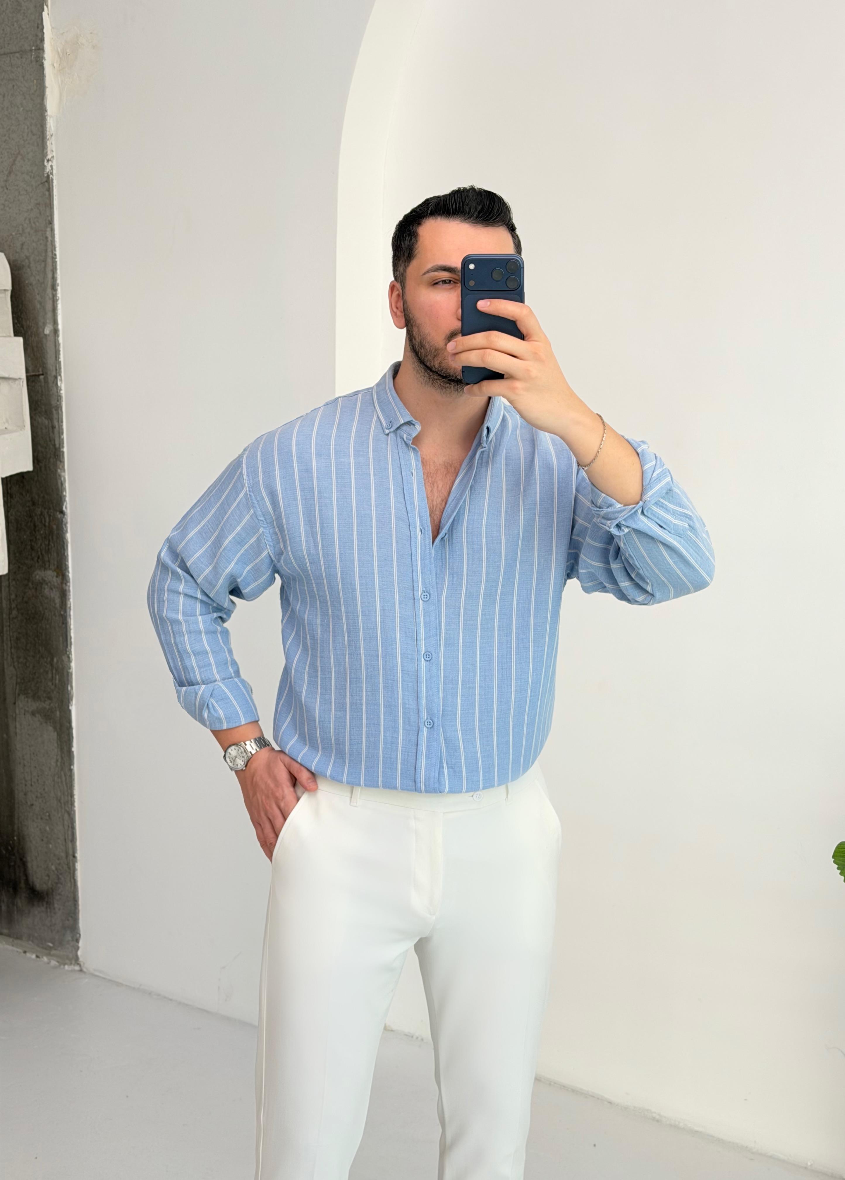 Minimal Çizgili Açık Mavi Oversize Müslin Gömlek