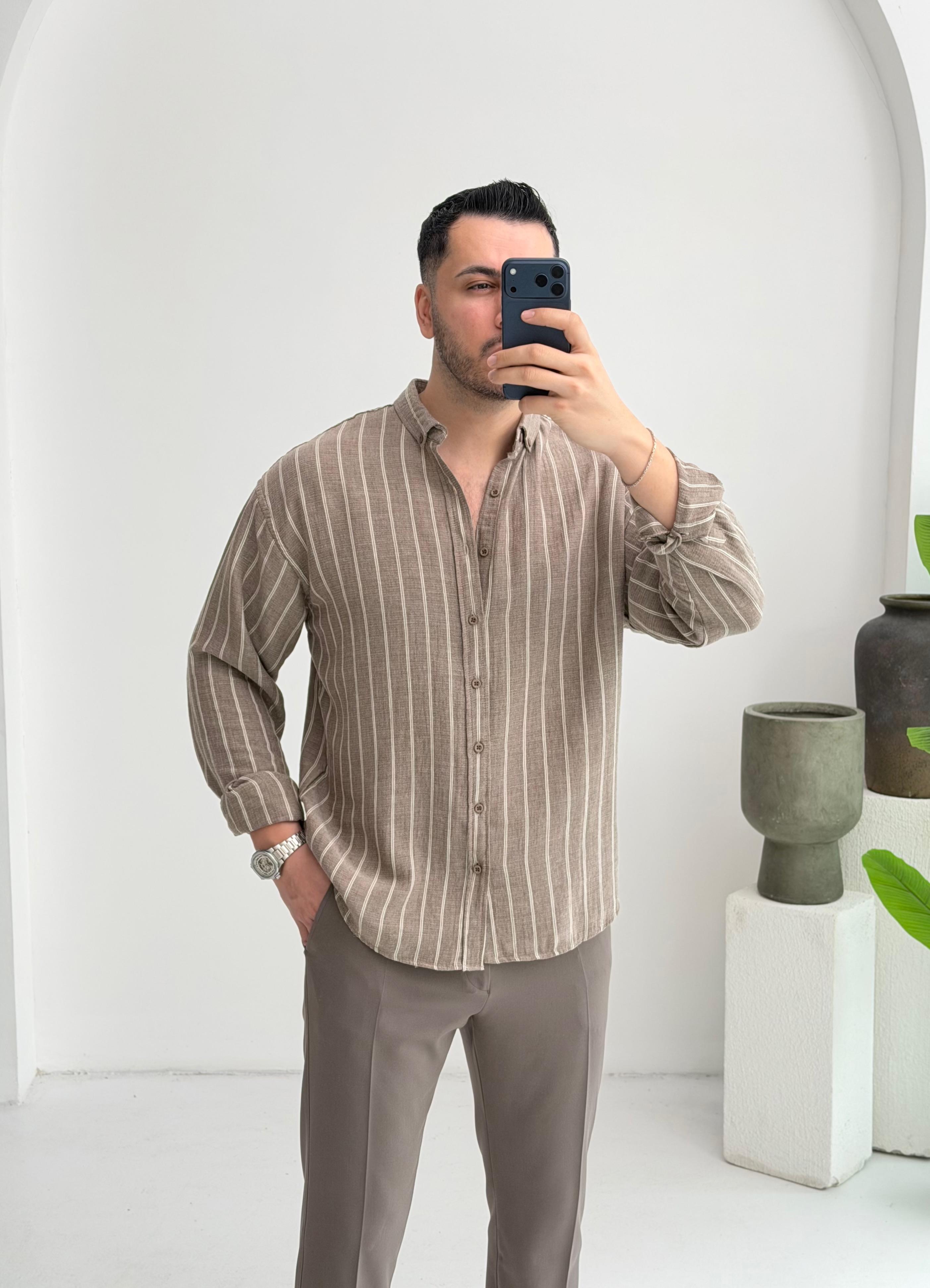 Minimal Çizgili Kahve Oversize Müslin Gömlek