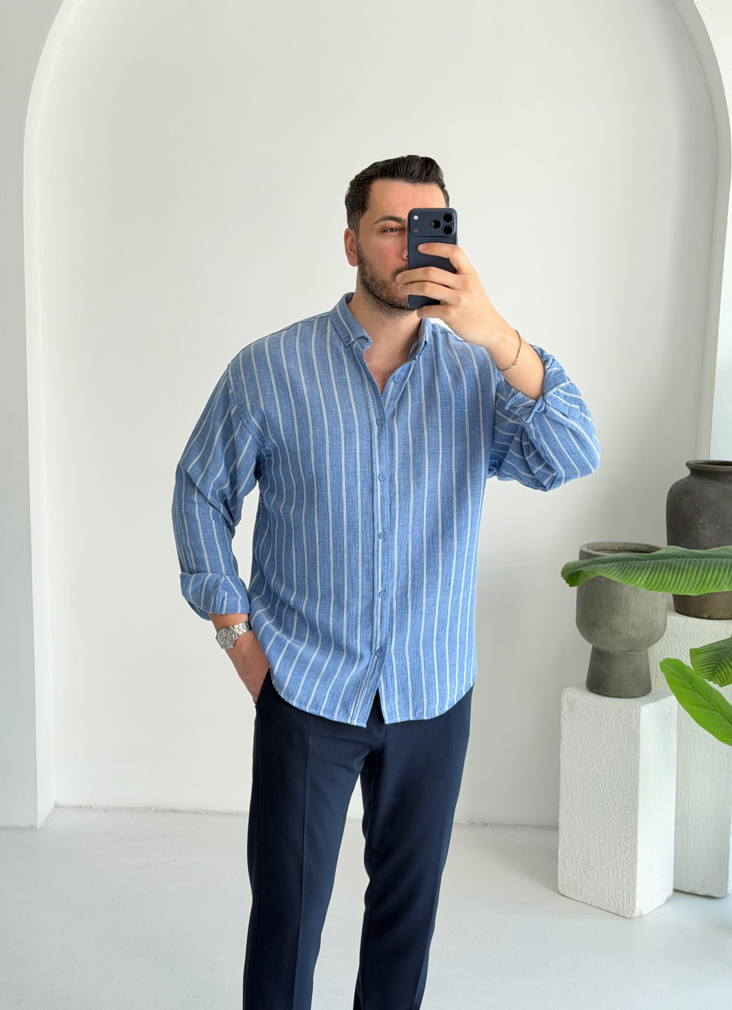 Minimal Çizgili Lacivert Oversize Müslin Gömlek