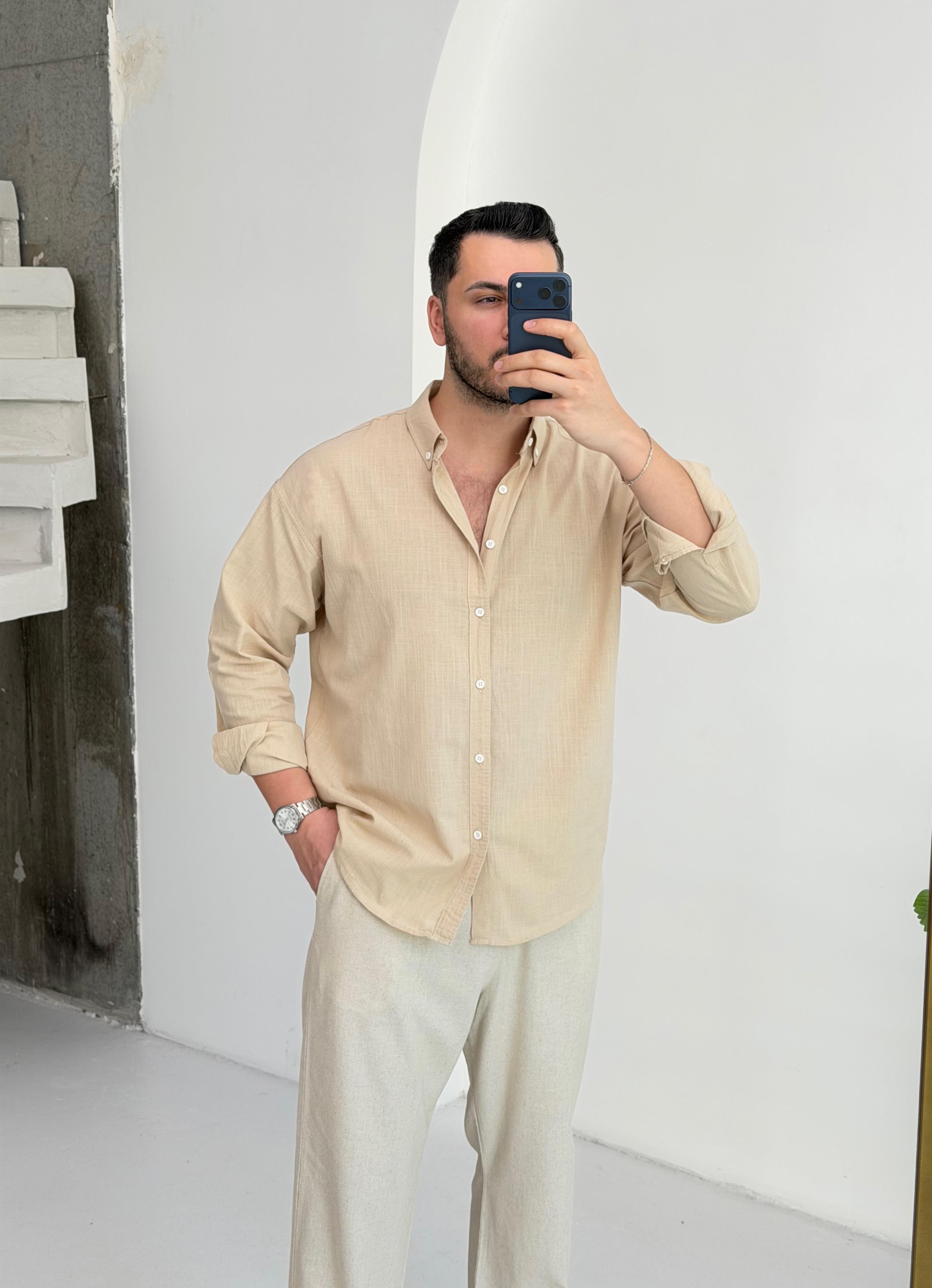 Mocha Soft Bej Oversize Keten Gömlek
