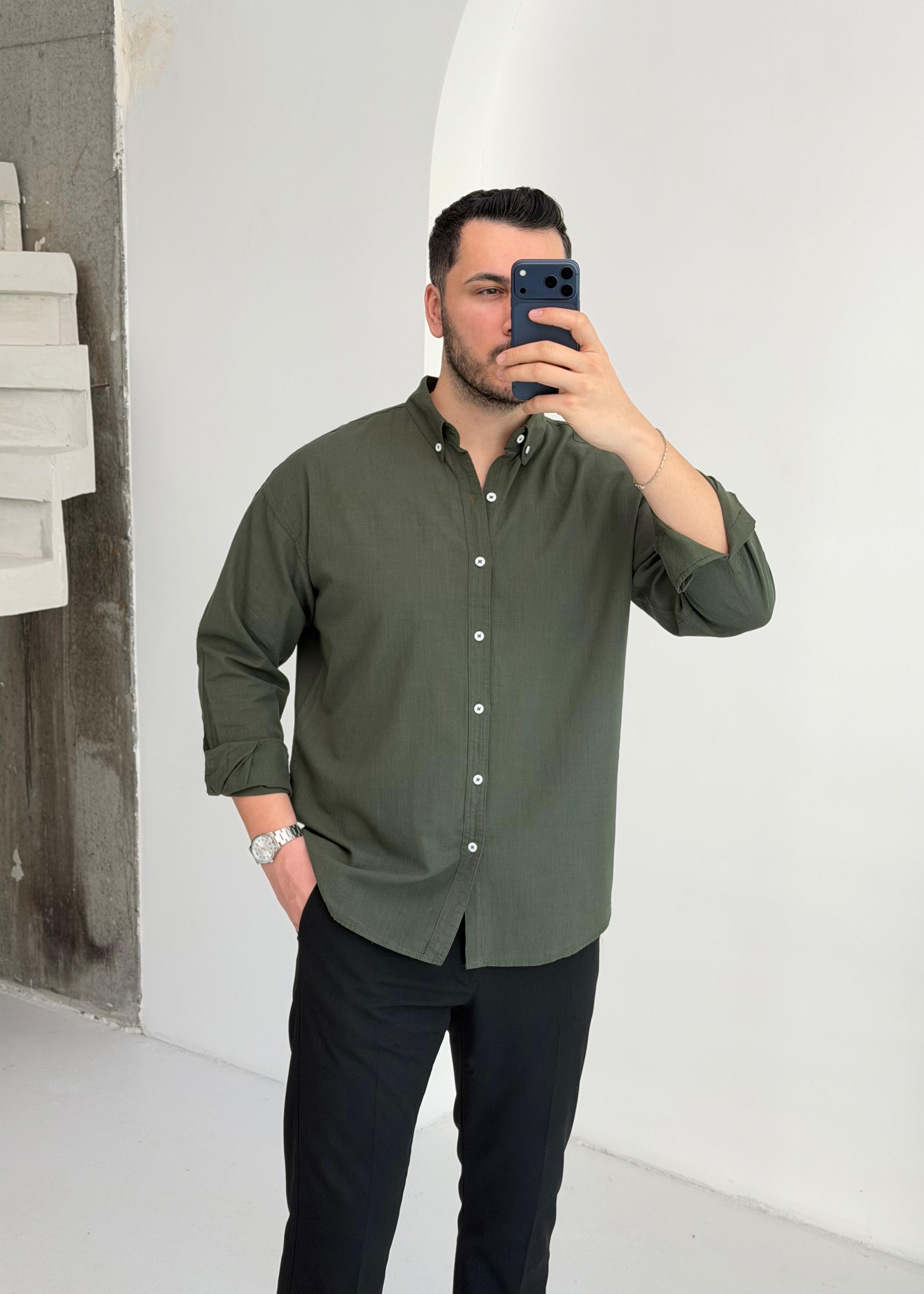 Mocha Soft Haki Oversize Keten Gömlek